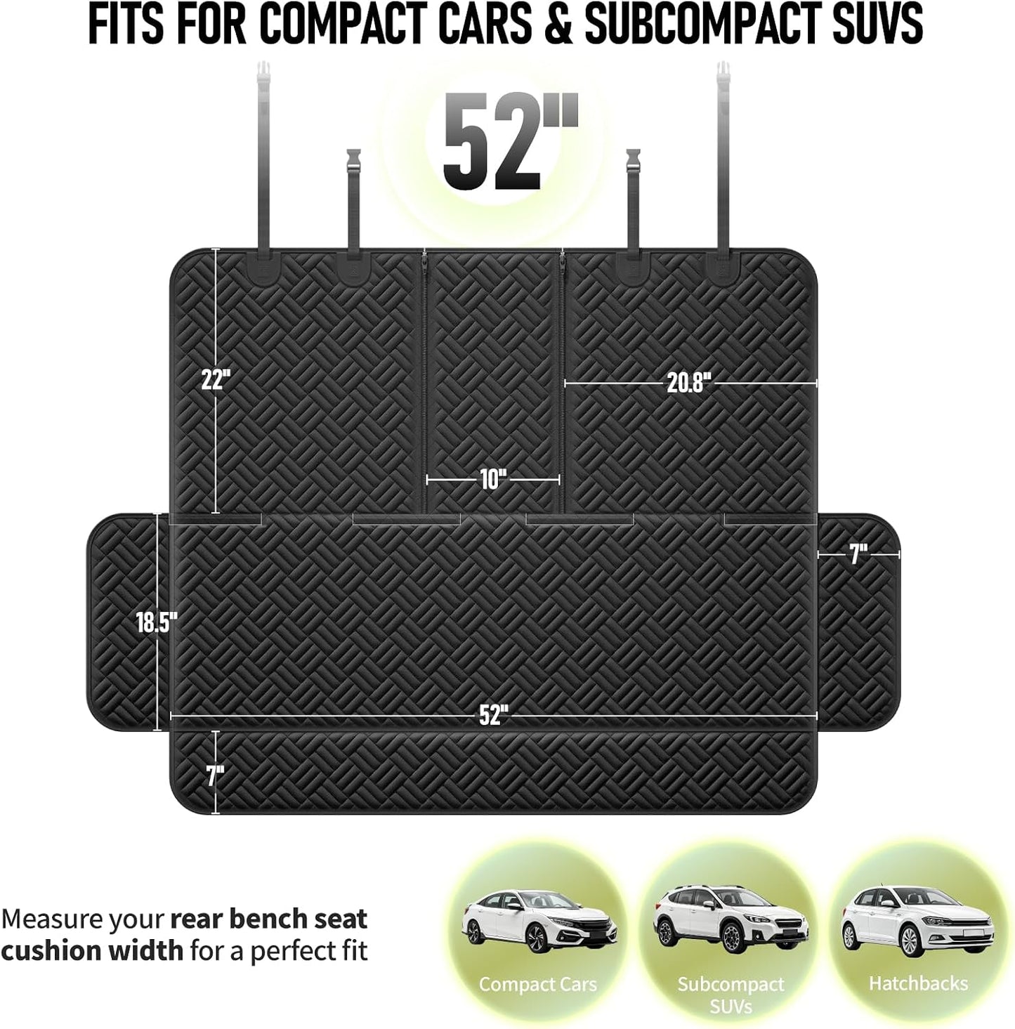 Dog Car Seat Cover for Back Seat, Waterproof 600D Oxford Protector for Travel and Daily Use, Non Slip Scratch Resistant Bench Cover, Easy to Clean, Fits Compact Cars/SUVs, 52 Inch