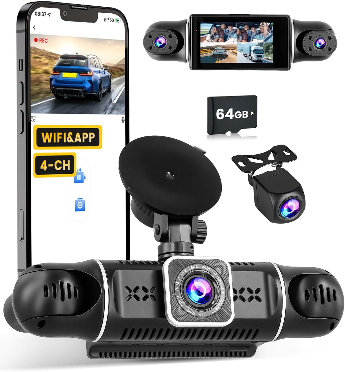 360 View 4 Channel Dash Cam Front and Rear Left Right Camera for Cars