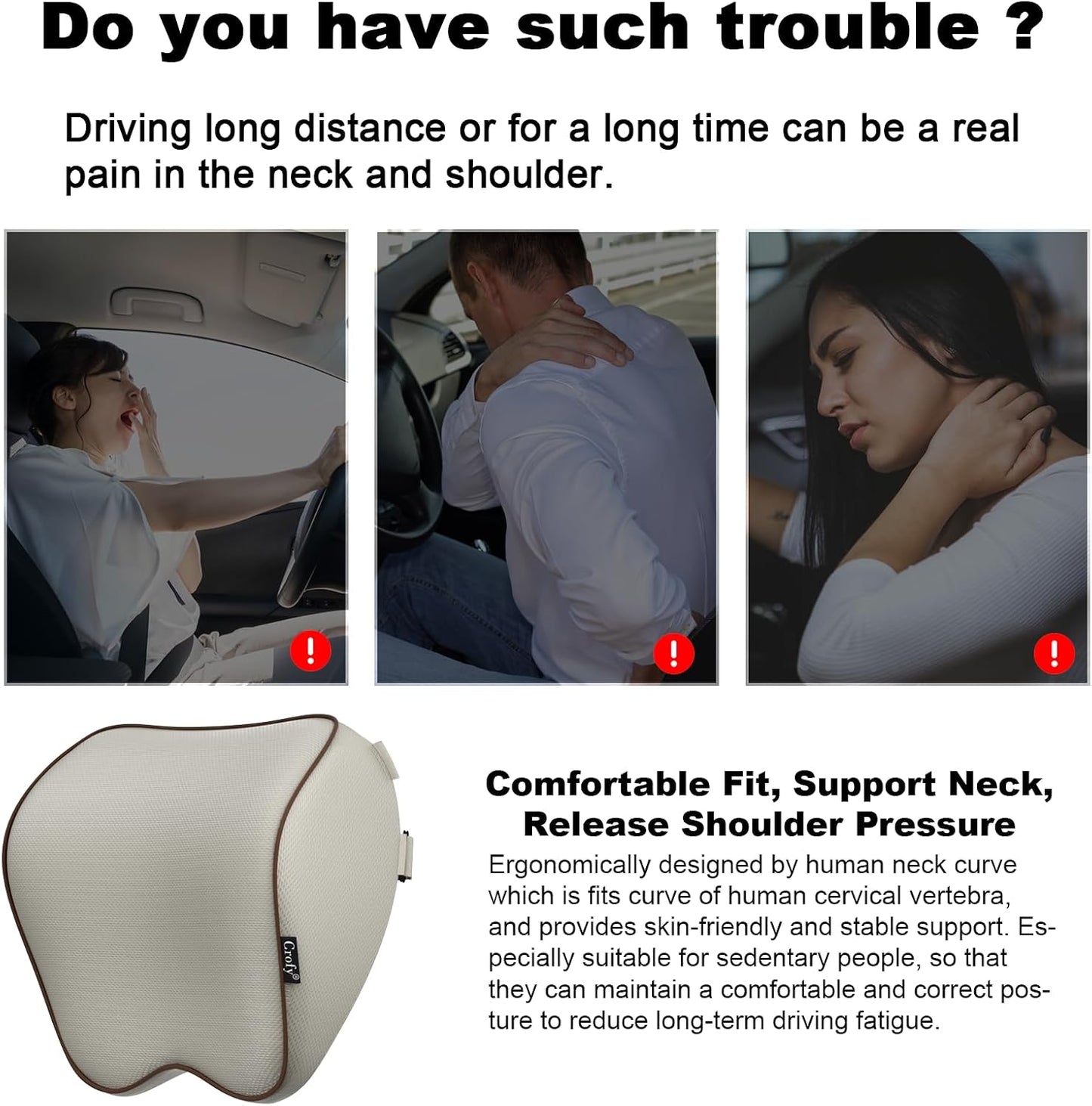 Crofy 2-Pack Car Neck Pillow, Headrest Pillow with Adjustable Strap, Gray | Soft Memory Foam; Ergonomic Design Fits Most Car & Office Chairs; Breathable Removable Pillow Cover Is Machine Washable