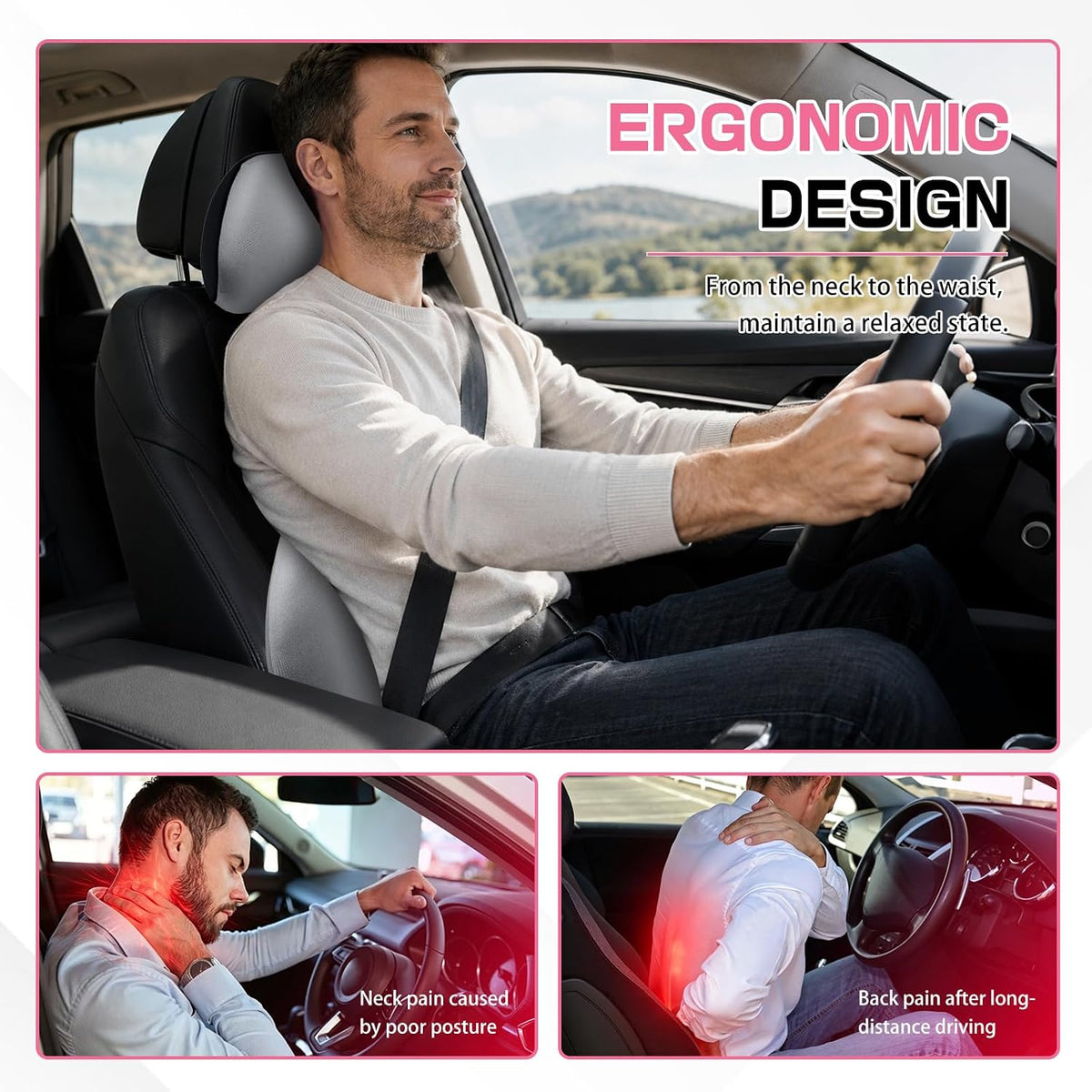 2PCS Car Neck Pillow and Lumbar Support Pillow Set, Ergonomic Memory Foam Back & Neck Support Pillows for Car Seat, Office Chair, Driver Head & Back Cushion and Pain Relief (Gray)