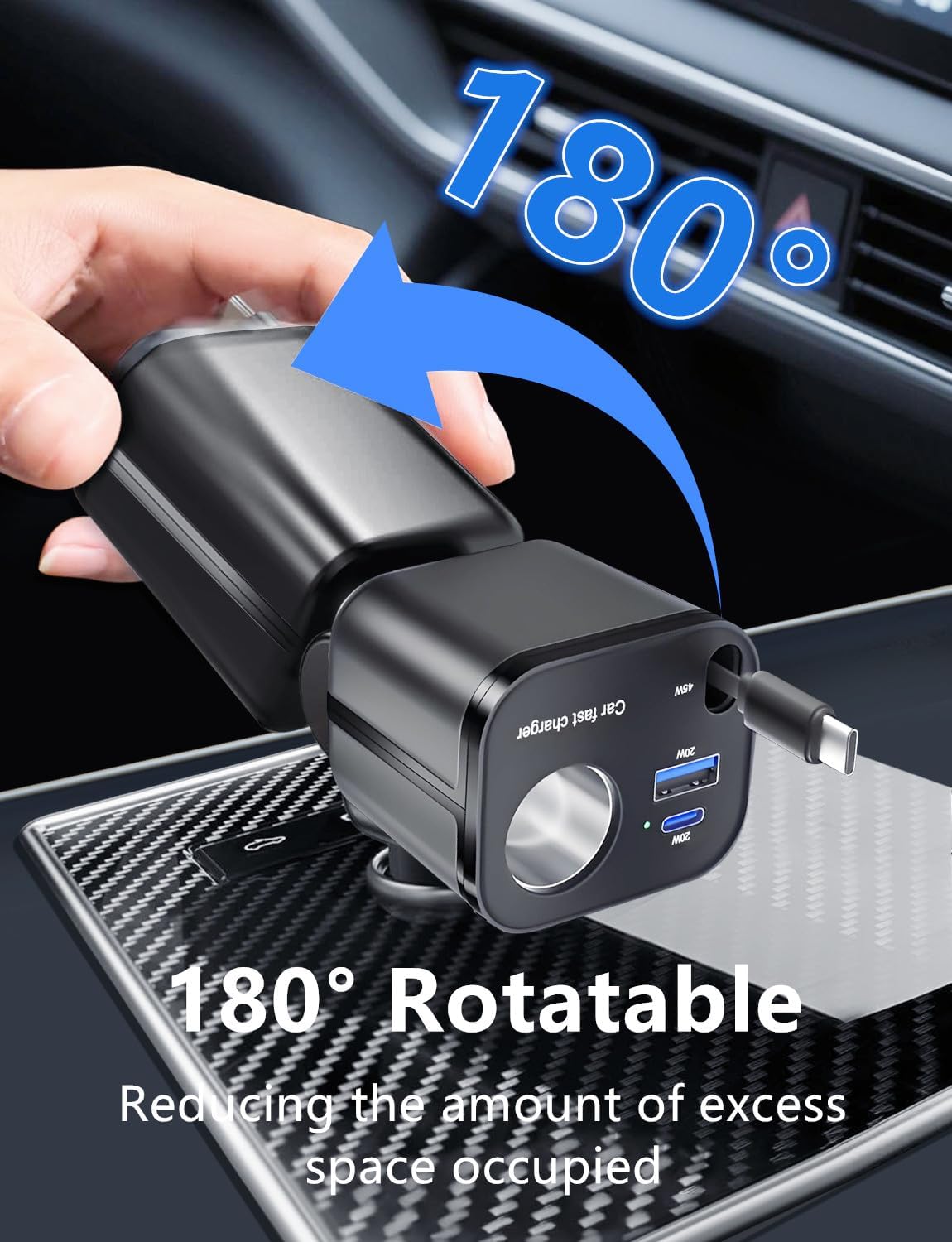 4 in 1 Retractable Car Charger, 145W USB C Cigarette Lighter Adapter