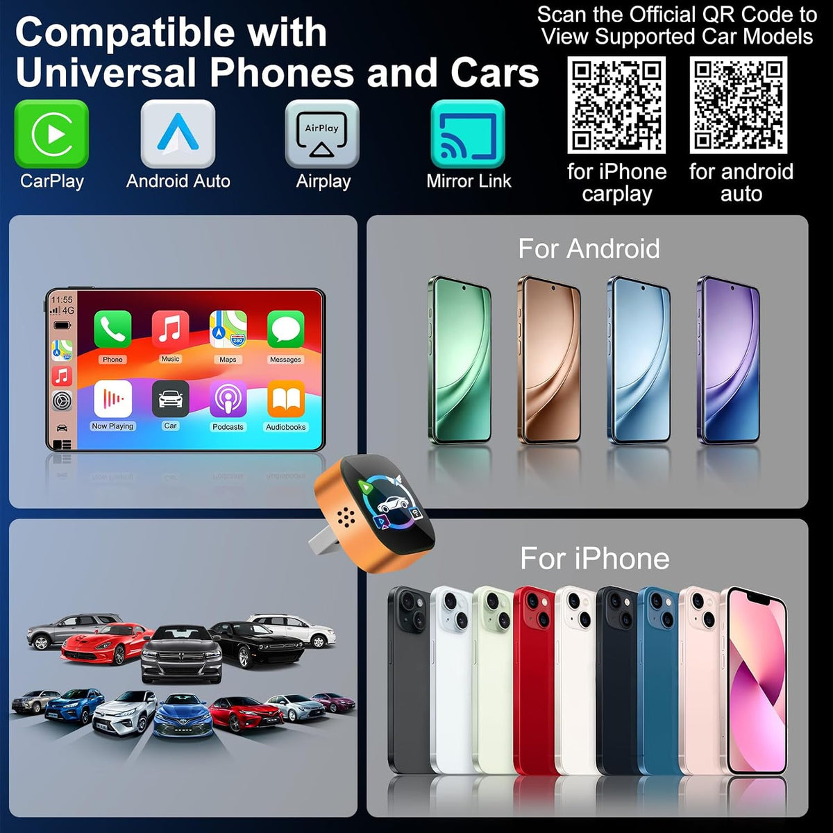 4 in 1 Wireless CarPlay Adapter, Cars Screen Mirroring Play Adapter Device
