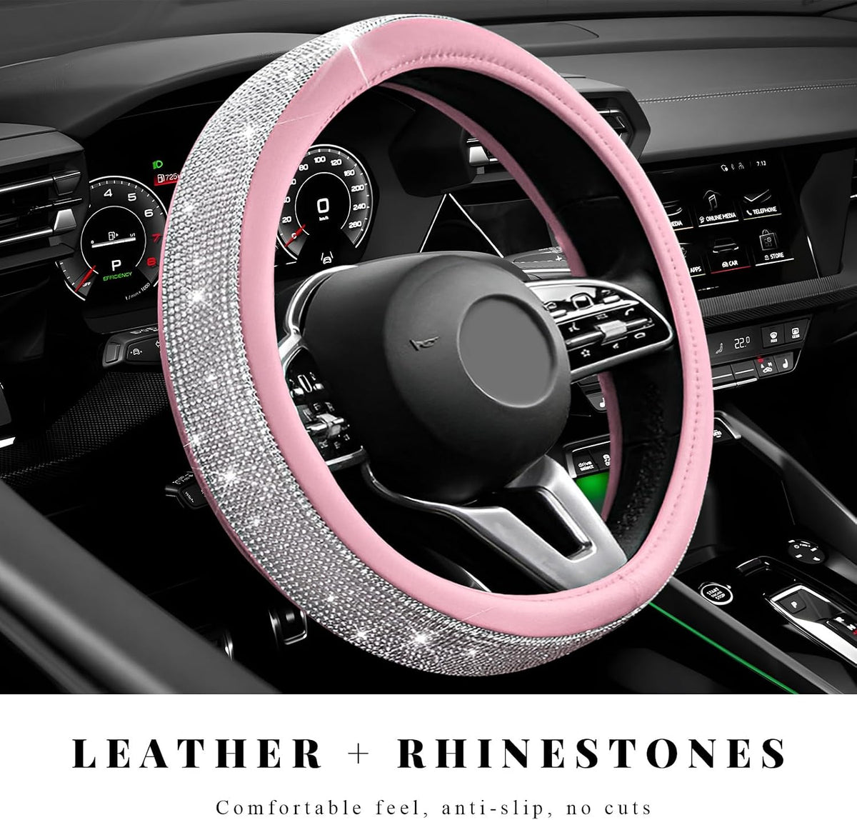 Diamond Leather Steering Wheel Cover, 15 Inch Bling Crystal Rhinestone Anti-Slip Wheel Protector, Universal Sparkling Elegant Diamond Steering Wheels Cover for Women Girl (White&Pink)