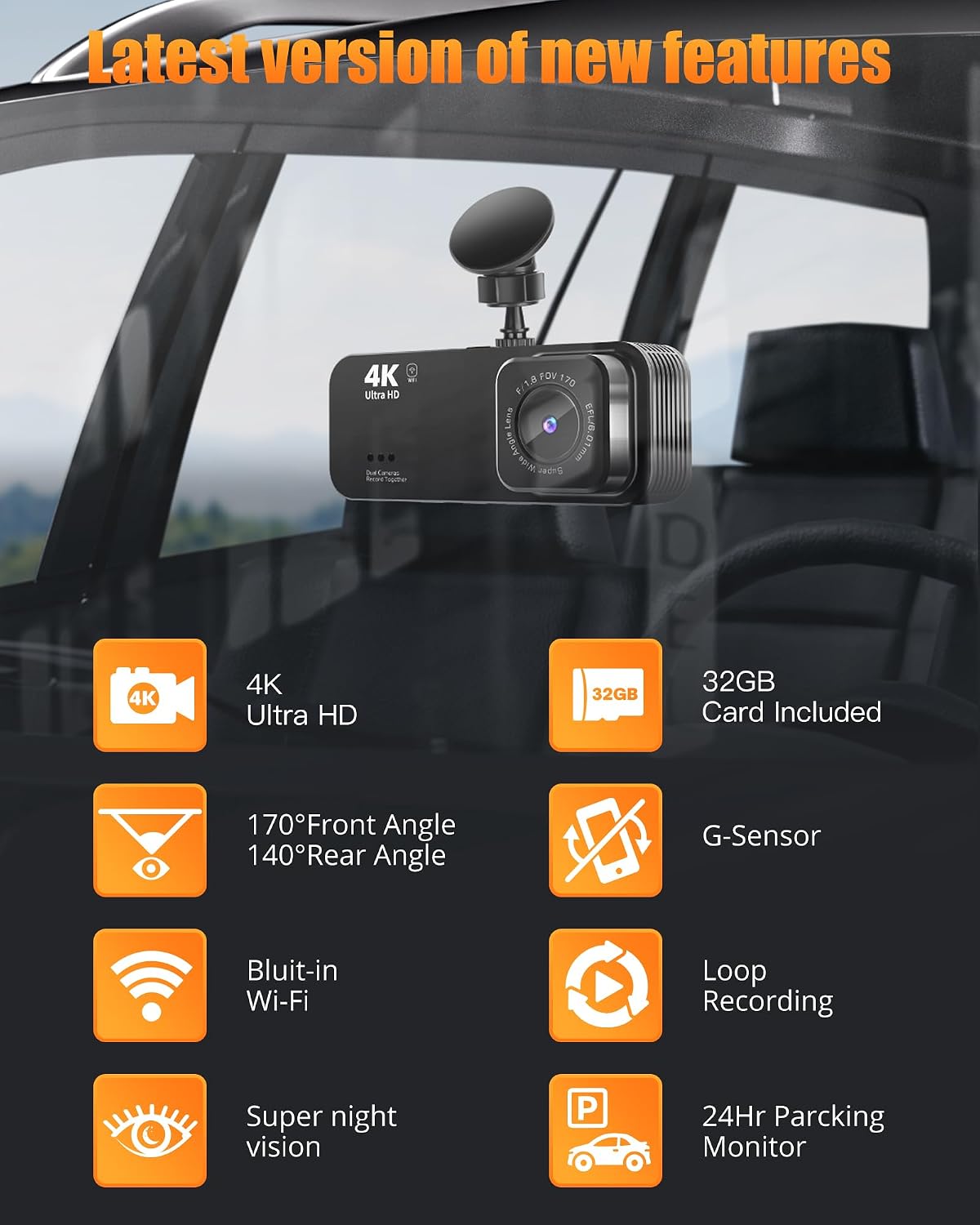 Dash Camera for Cars, 4K+1080P Dash Cam Front and Rear with 5G WiFi