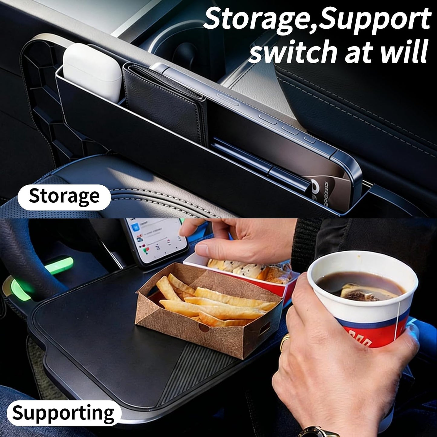 Car Steering Wheel Desk, 2-in-1 Steering Wheel Table &amp; Storage Tray with Cup Holder,ar Seat Gap Filler Organizer, for Standard Round Steering Wheels (Black)