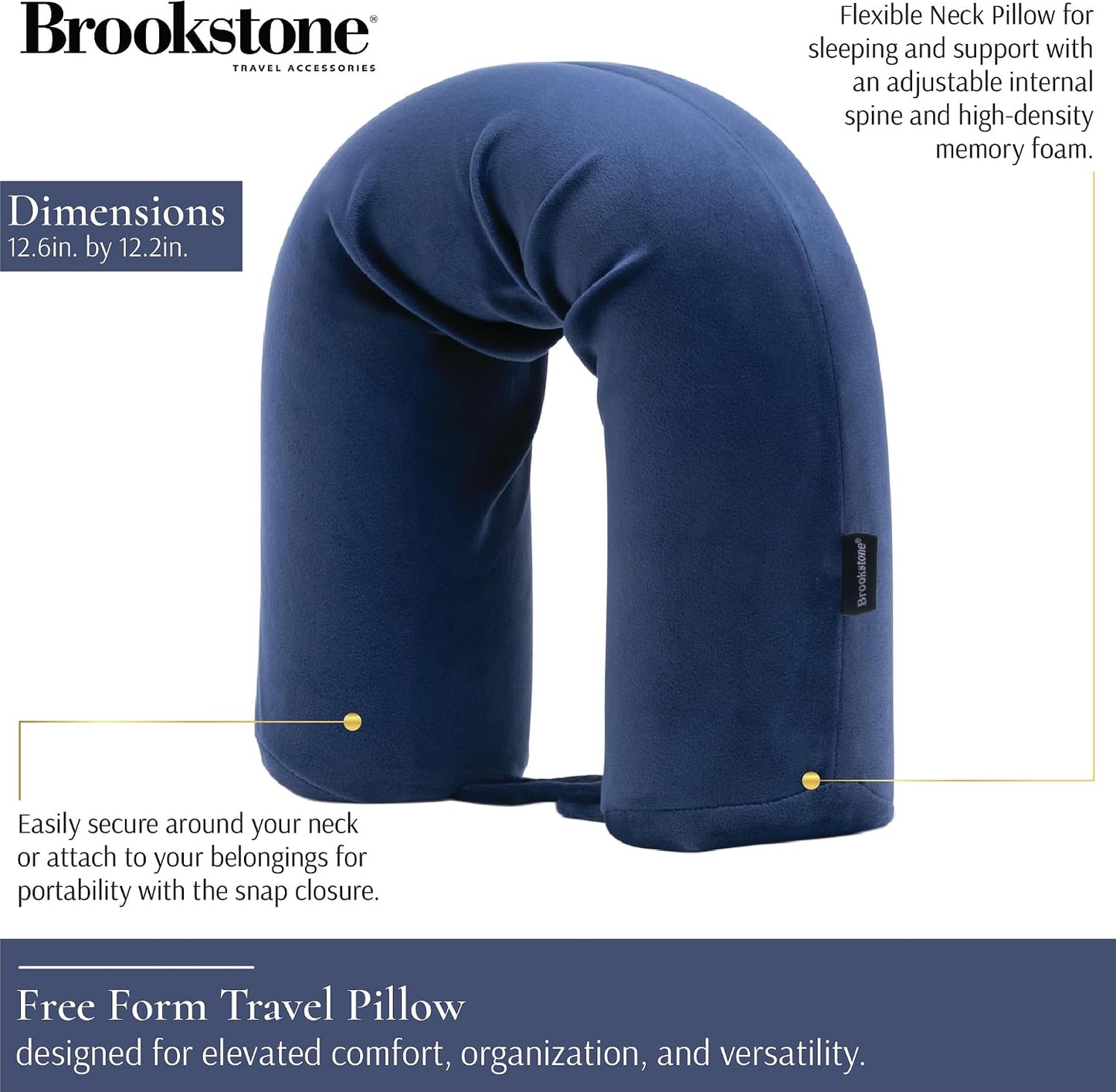Brookstone Free Form Travel Pillow - Lightweight Flexible Memory Foam Travel Neck Pillow for Sleeping, Car, Airplane & Travel Support, Blue
