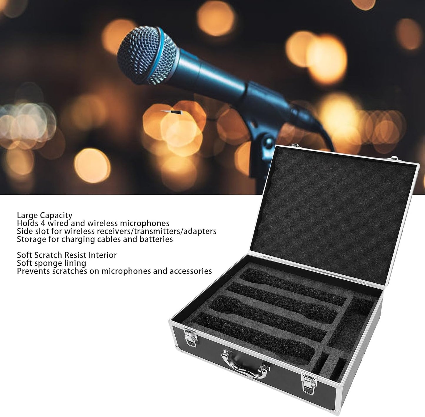 ASHATA Hard Shell Carrying Case for Wireless Mic System Storage, Aluminum Alloy Sturdy Build, Holds 4 Microphones Compact Storage Bag for Receiver & Accessories