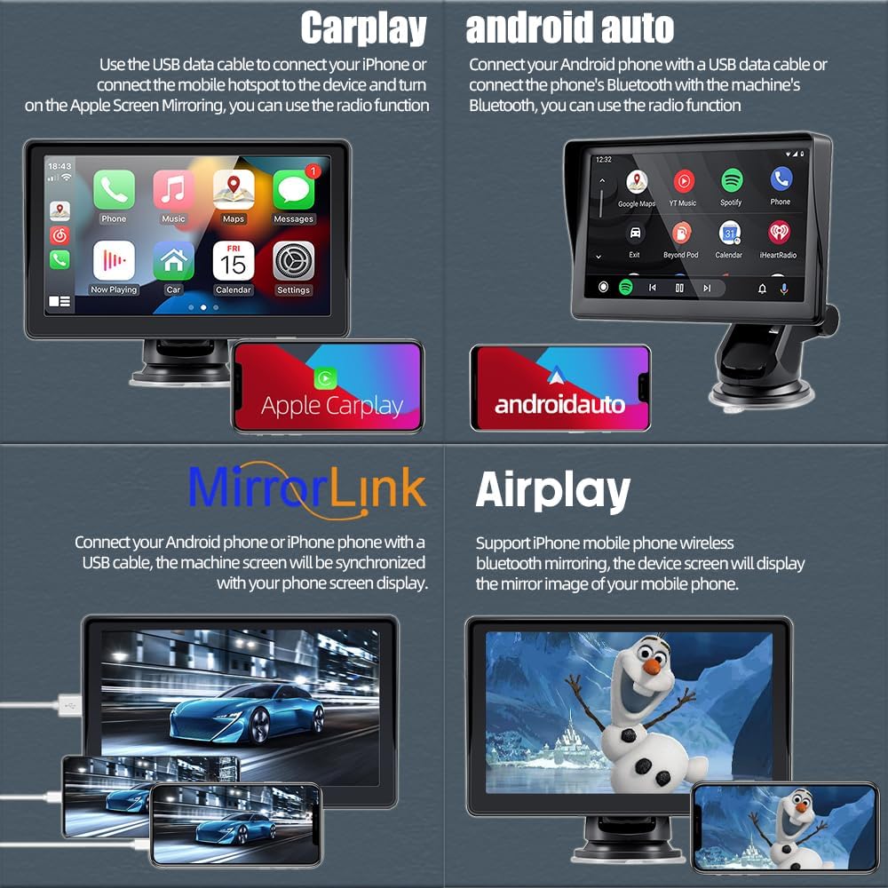 Sunweyer Car Television Wireless Carplay& Android Auto Screen, Portable Car Stereo,7 inch IPS Touchsreen Display, Support 1080p Backup Camera & Bluetooth/AUX/FM Transmitter