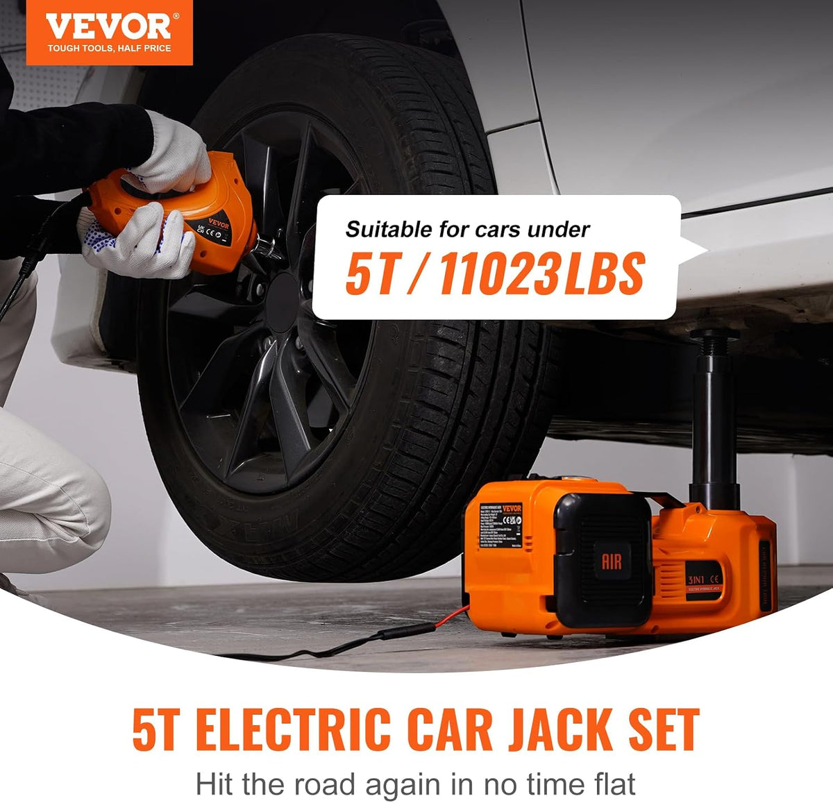 VEVOR Electric Car Jack 5 Ton with Electric Impact Wrench & Inflator Pump