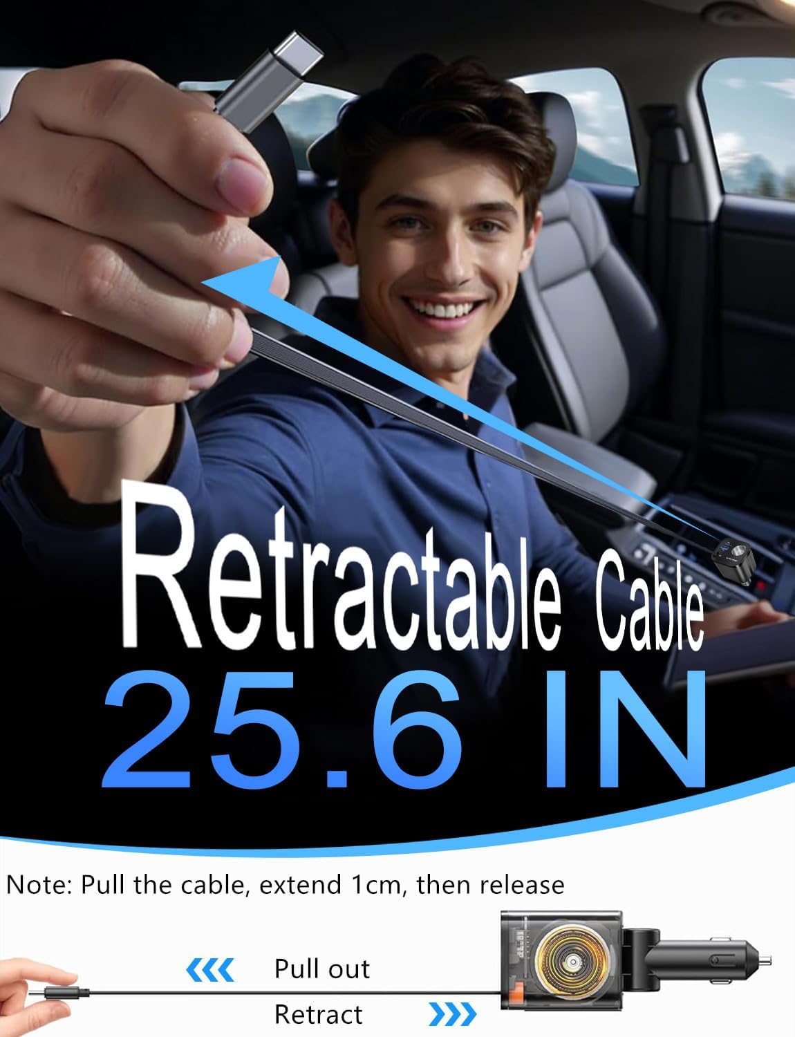 4 in 1 Retractable Car Charger, 145W USB C Cigarette Lighter Adapter