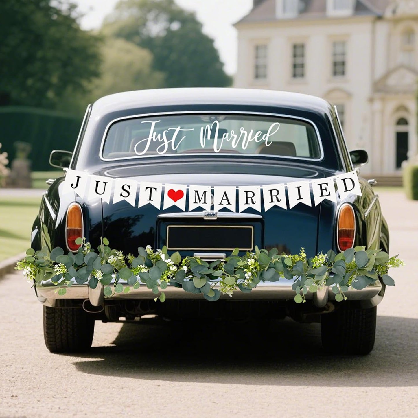 Just Married Car Decorations Kit Wedding Car Decor with Artificial White Roses Banner Flower Vine Tulle Ribbon Sign Stickers Getaway Car Accessories for Bride and Groom Send Off SUV Truck