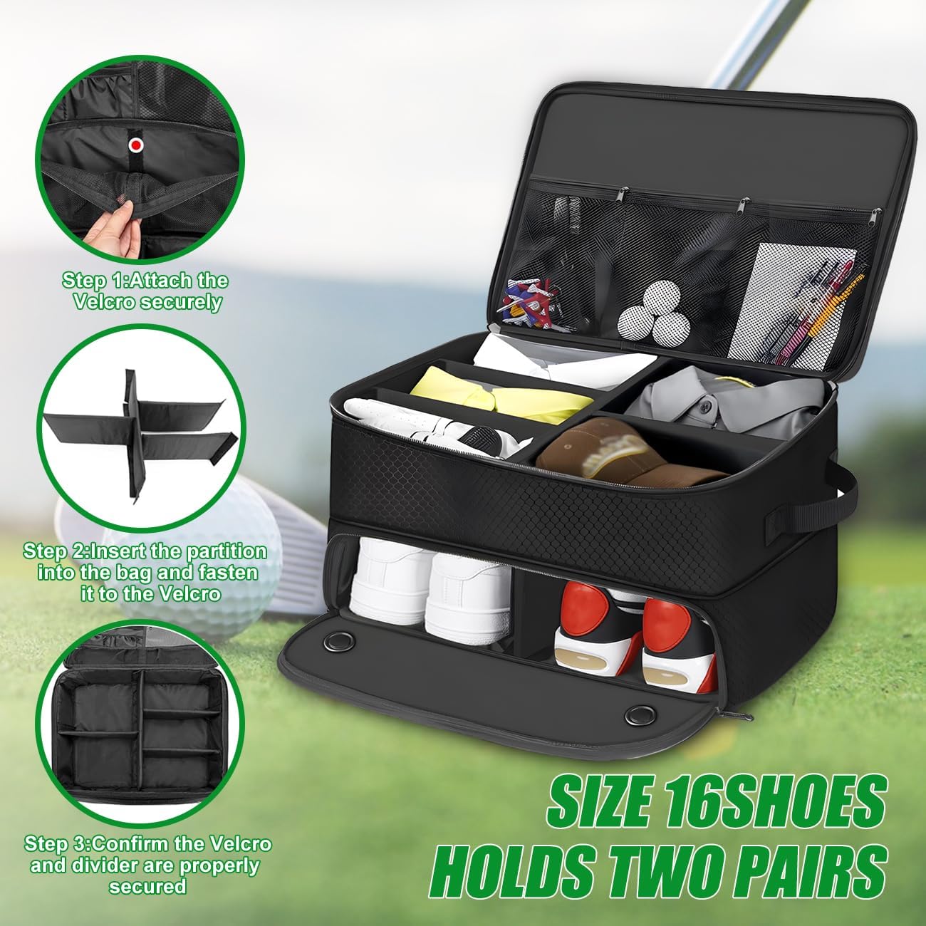 Golf Trunk Organizer 2 Layer with Separate Compartment for 2 Pair of Shoes, Golf Bag Storage for Car, Waterproof,Trunk Locker for Balls, Tees,Gloves