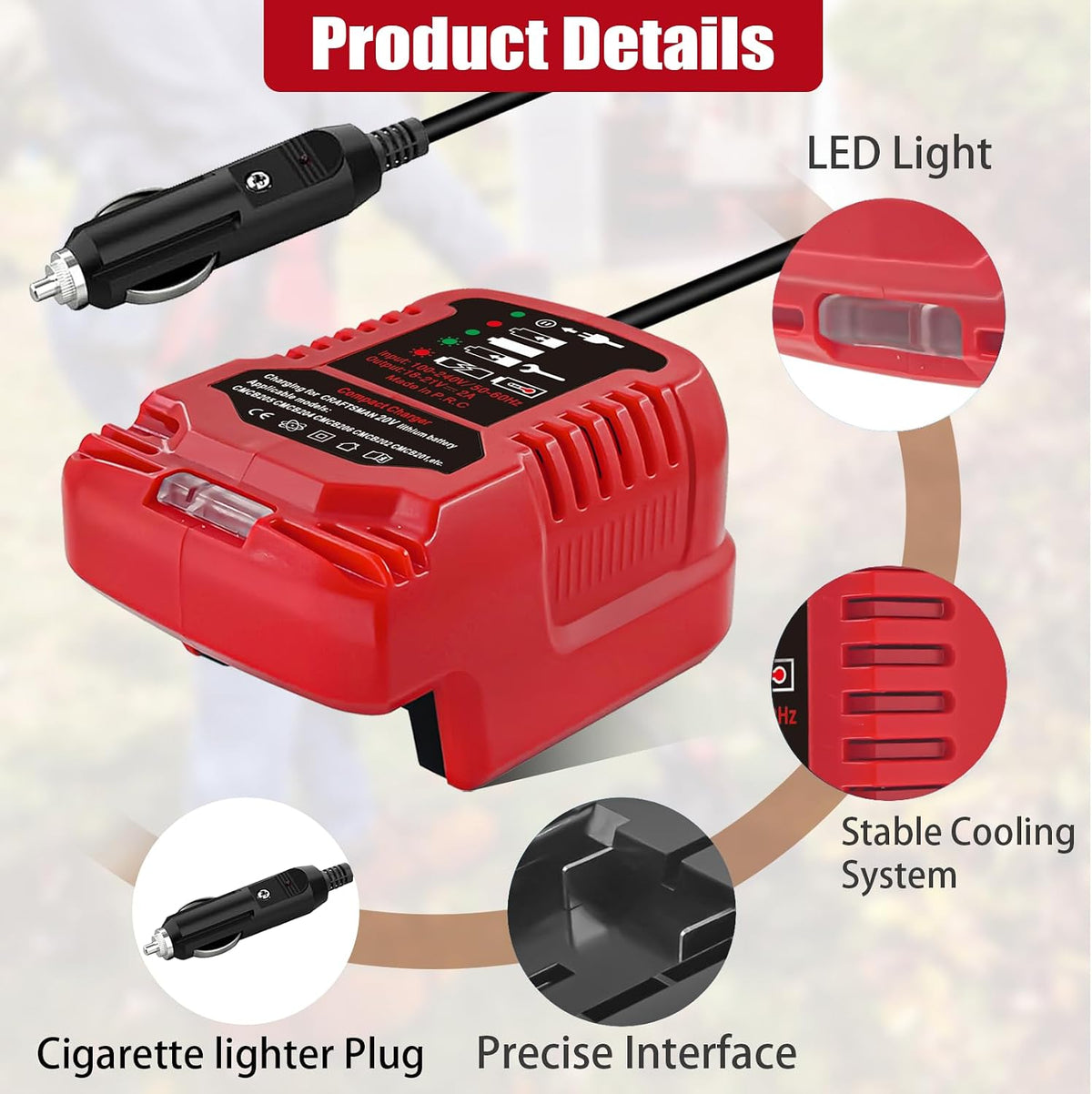 Car Charger for Craftsman 20V Battery, Vehicle Replace Charger for Craftsman V20 Batteries CMCB204 CMCB202 CMCB201 CMCB209 CMCB205, LED Indicator, Compact Design