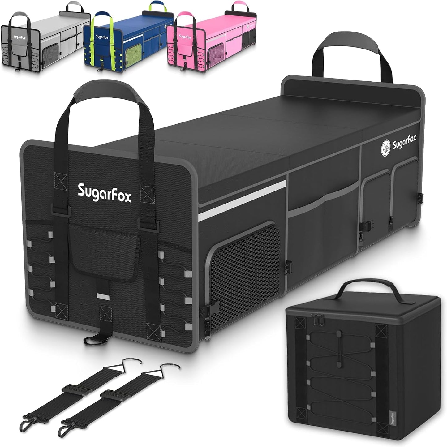 SugarFox Bold Color Block Trunk Organizer, Foldable with 26L Ice Pack,95L Dedicated Shoe Space, Stylish for SUV/Car (Black, Midsize)