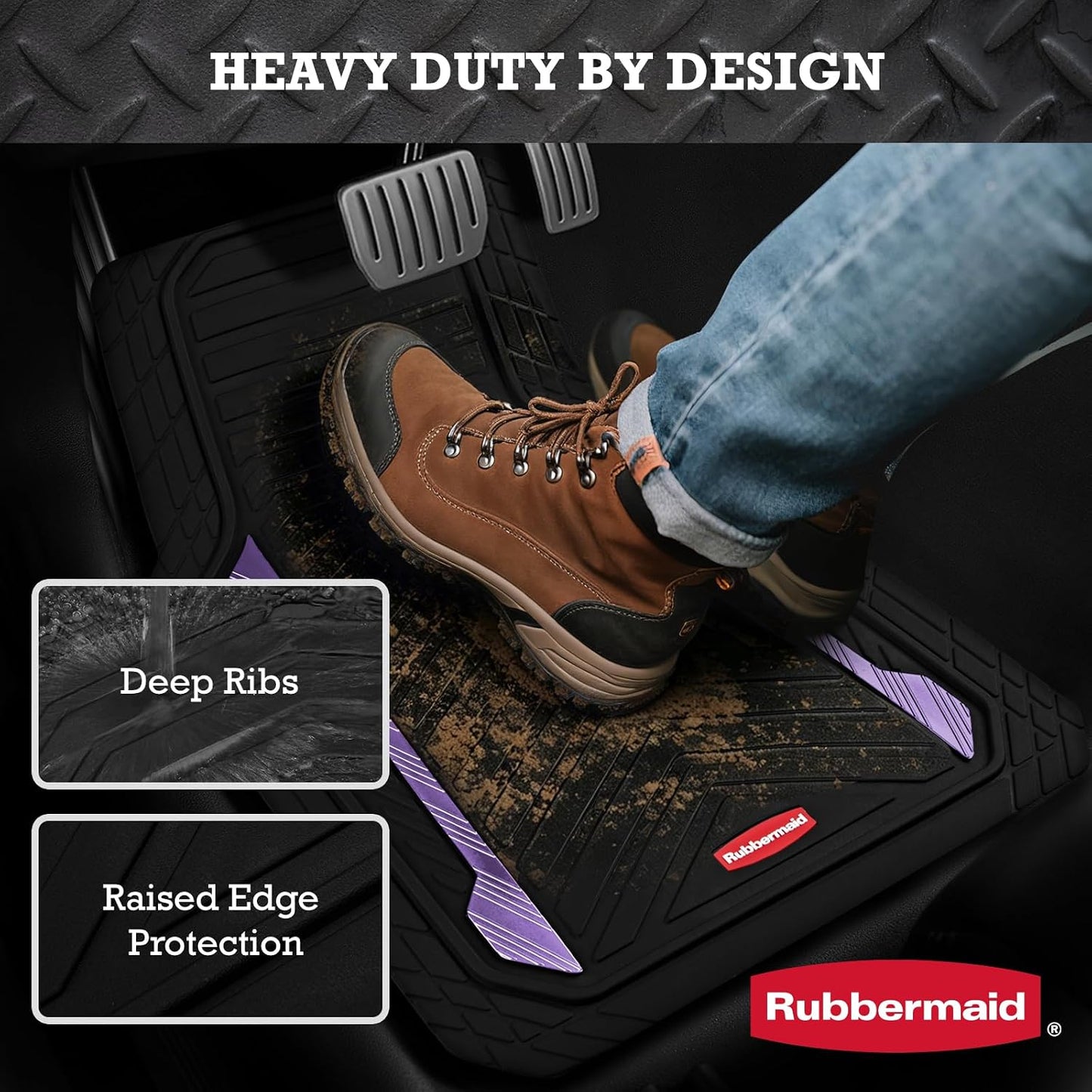 Rubbermaid Car Floor Mat, Heavy Duty All-Weather Car Mats Full Set with Dual-Tone Purple Aluminum Inserts – Universal Fit, Anti-Slip Backing, Trim-to-Fit for Most SUV, Sedan, Van