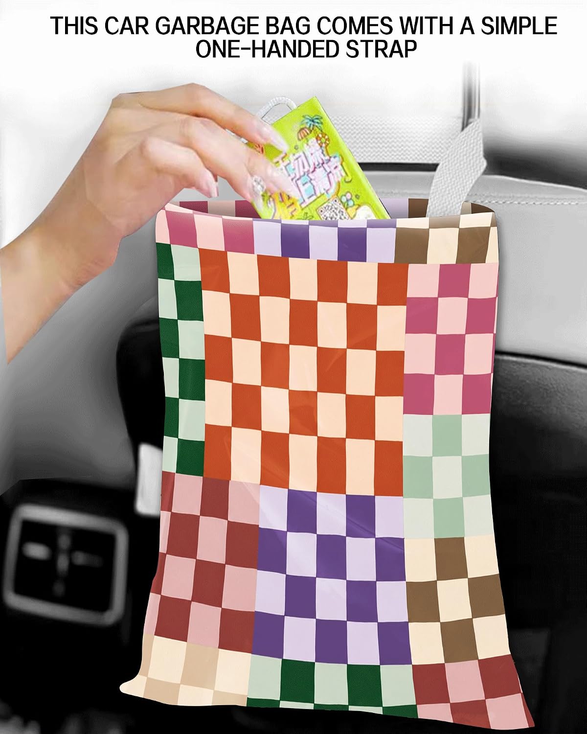 Car Trash Can, Durable Hanging Car Trash Garbage Bag, Cute Automotive Garbage Cans Organizer, Cute Colorful Checkerboard