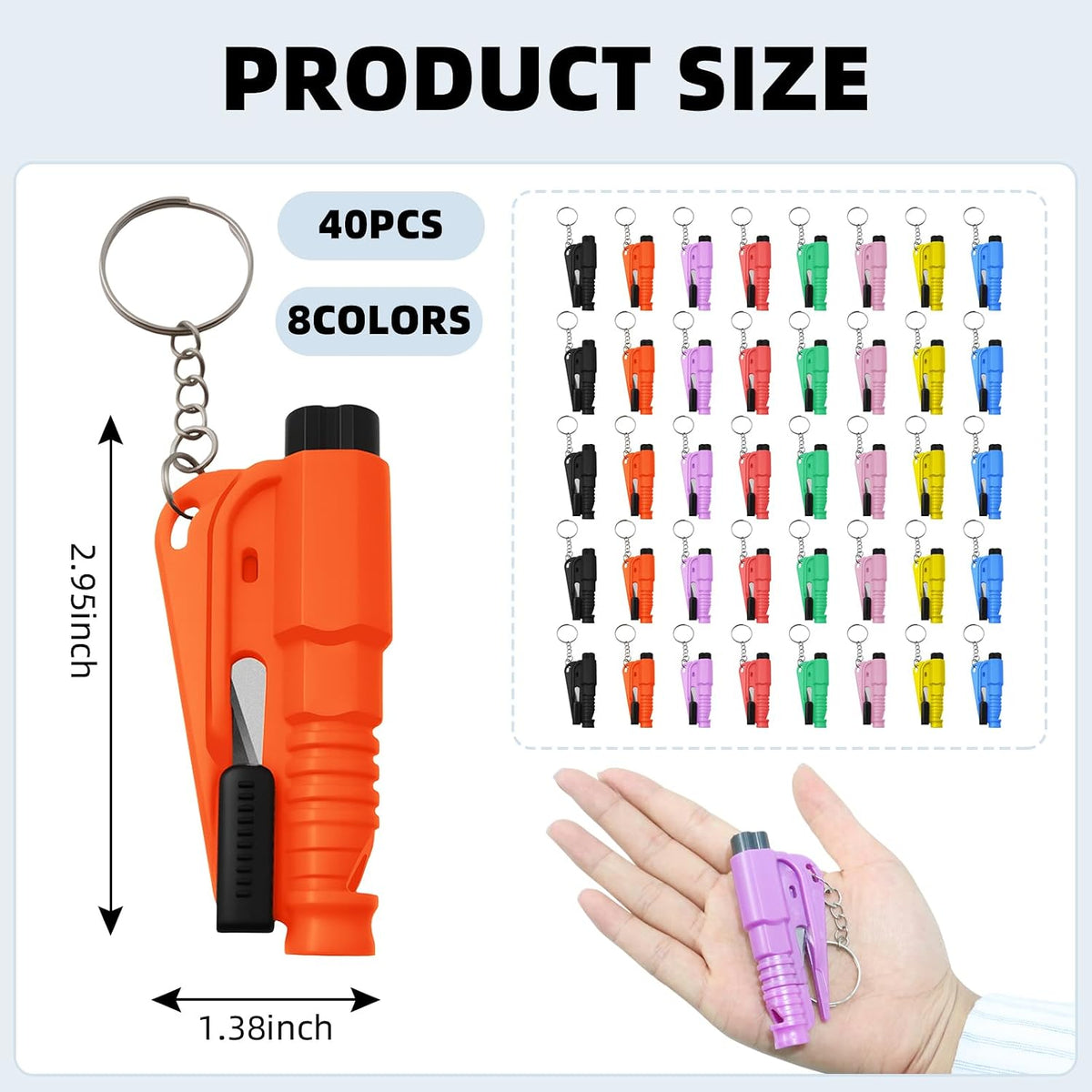 40 Pcs Car Window Breaker Key Chains, 3 in 1 Glass Breaker Seat Belt Cutter Survival Whistle Portable Safety Emergency Escape Tools Multifunctional Car Accessories, 8 Color