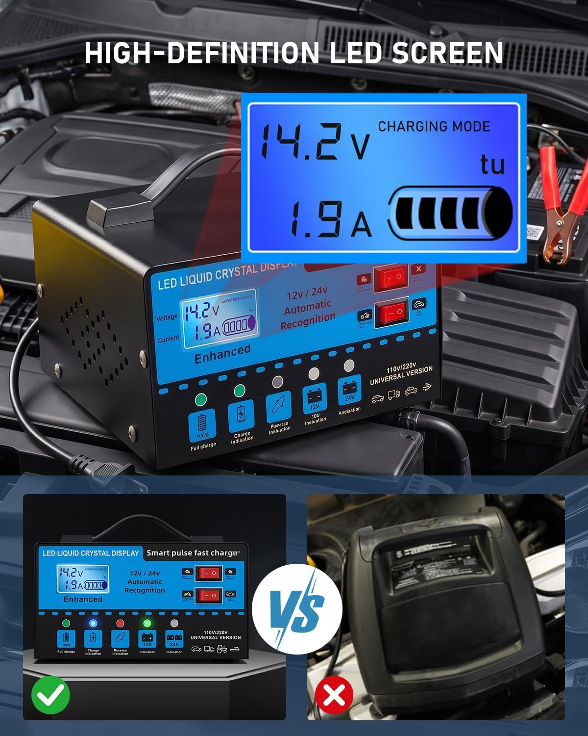 12V/24V Smart Car Battery Charger with LCD Display, Automatic Battery Maintainer & Trickle Charger, Temperature Compensation, Overcharge Protection for Cars, Trucks, SUVs & Motorcycles
