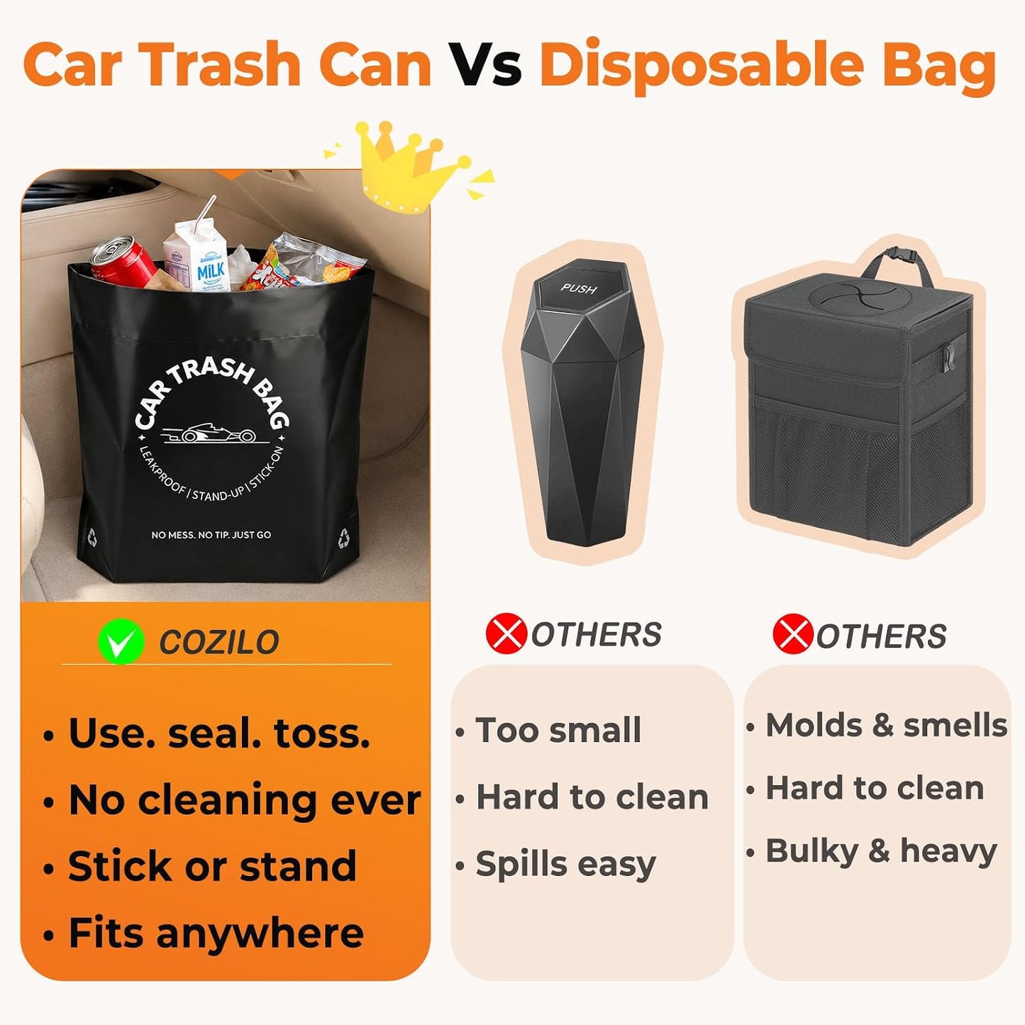 COZILO Disposable Car Trash Bags, 60 Count Stand-Up & Stick-On Car Garbage Bags, 2 Gallon Leakproof Odor Seal Heavy Duty Car Trash Can Alternative for Car SUV Truck
