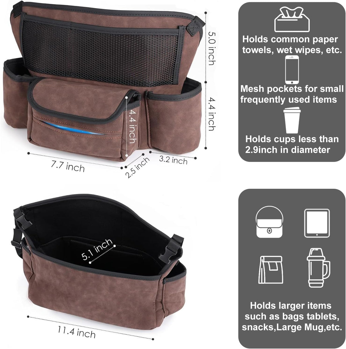 Car Handbag Holder Between Seats Suede Large Capacity Car Purse Holder Automotive Consoles, Fits Between Front Seats, Holds Wallet, Phone & Essentials (Brown)