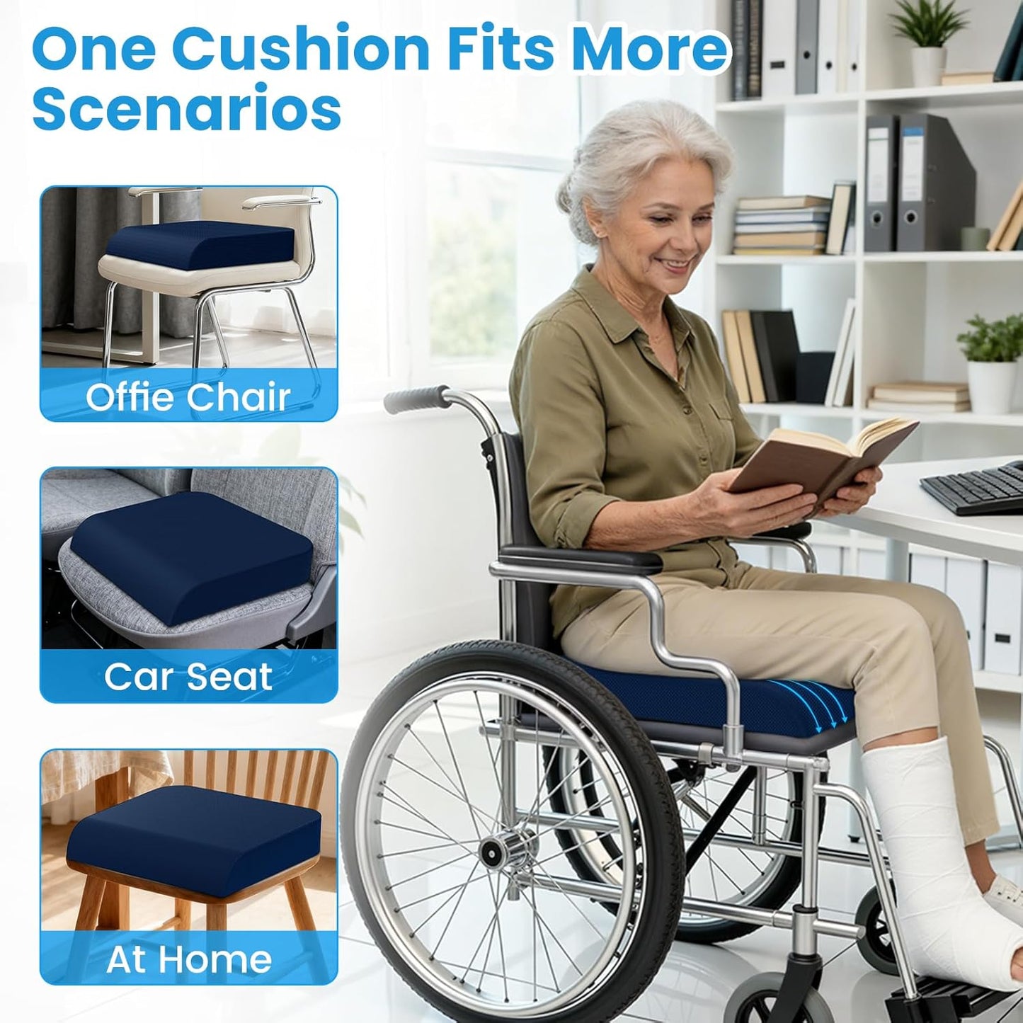 Wheelchair Seat Cushion - Cooling Gel & Memory Foam Office Chair Cushion with Non-Slip Bottom & Washable Cover, Ergonomic Car Seat Pillow for Sciatica, Tailbone, Back Comfort (Navy Blue)