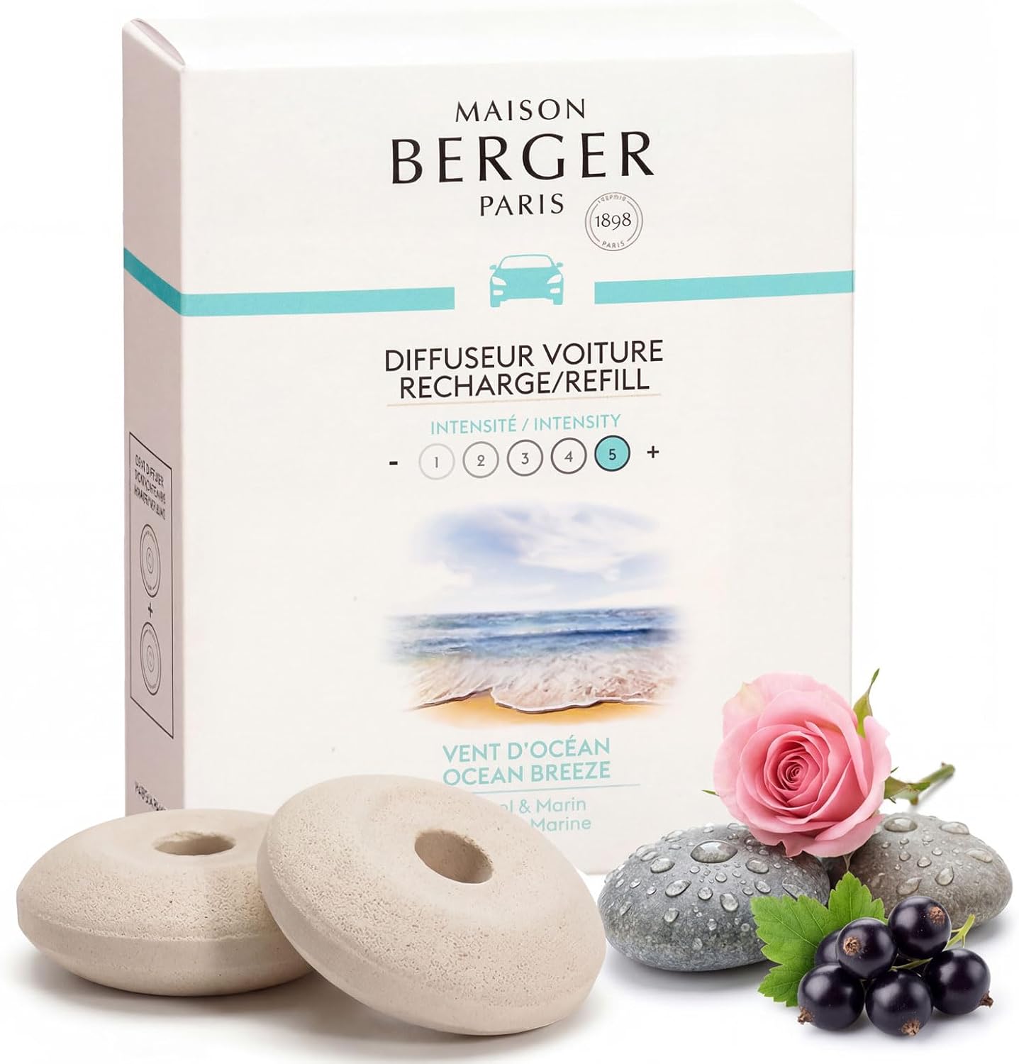 Maison Berger Car Diffuser Refill Set, Ocean Breeze | Marine Rose Musk Notes, 2 Ceramic Inserts, Made in France