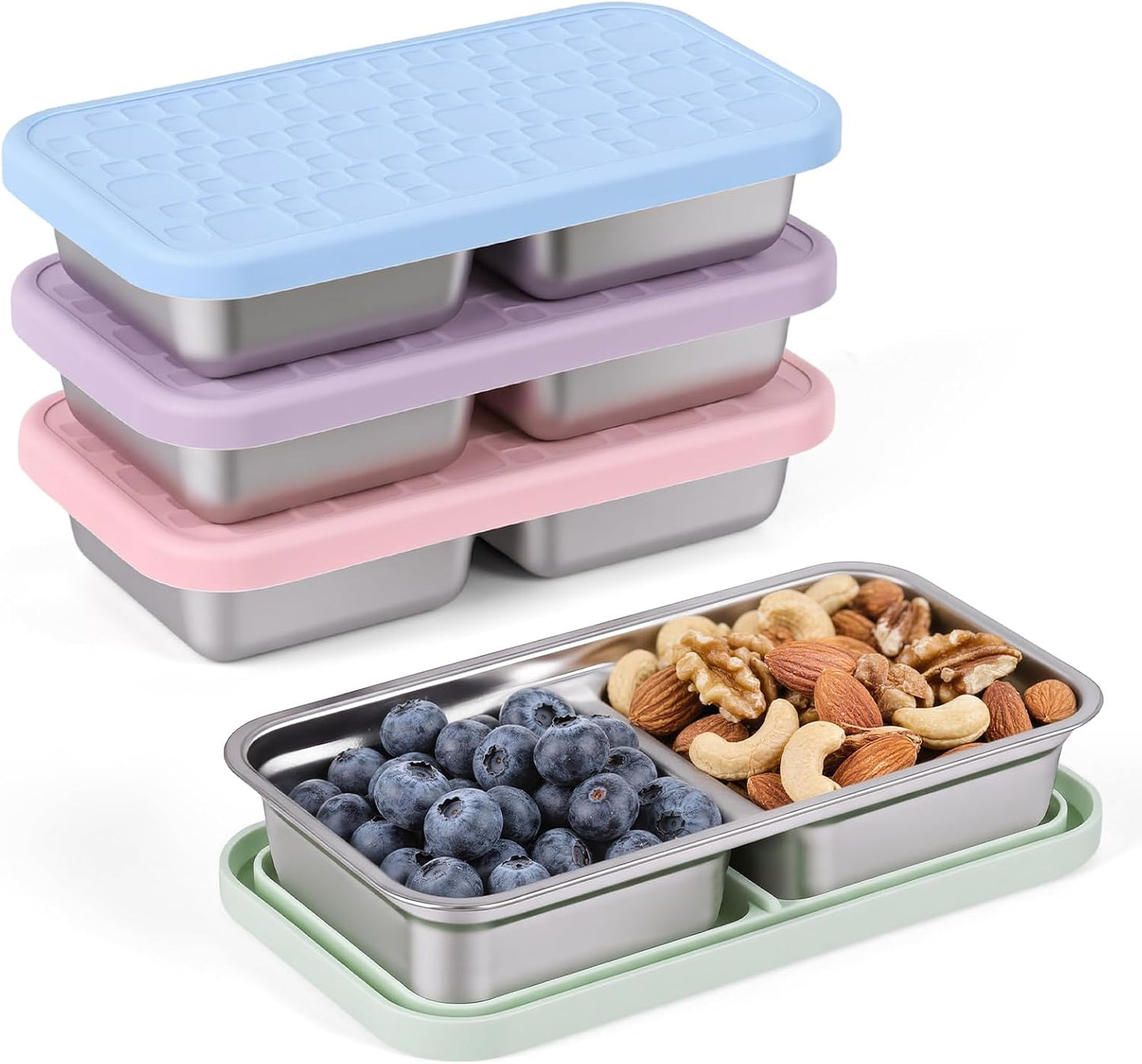 2 Pack Reusable Stainless Steel Snack Containers, Metal Food Containers with Silicione Lids, Stackable Dual Compartment Lunch Box for School Lunch, Travel and Office