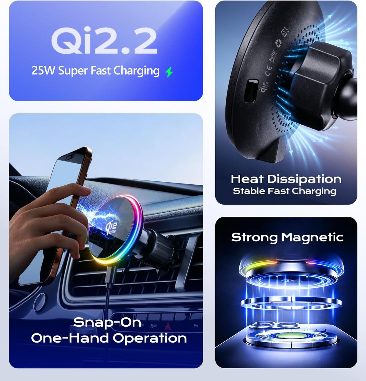 for Qi2.2 25W MagSafe Wireless Car Charger Mount with RGB Light Magnetic