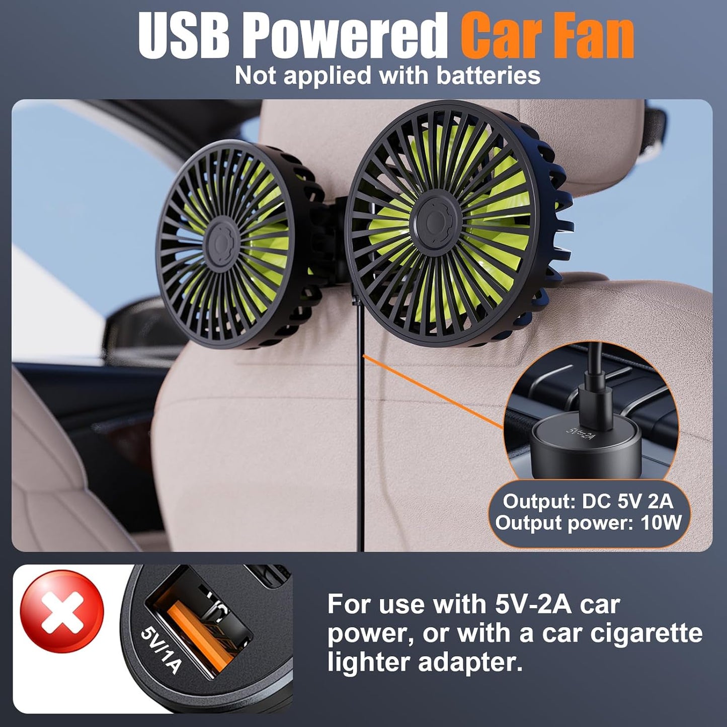 Hayousui USB Car Cooling Fans for Backseat: Dual Head Car Fan for Kids 3 Speeds 360° Rotatable Vehicle Rear Headrest Fans 5V/2A Powerful Electric Air Circulation Fan for Sedan SUV RV Truck (USB Plug)