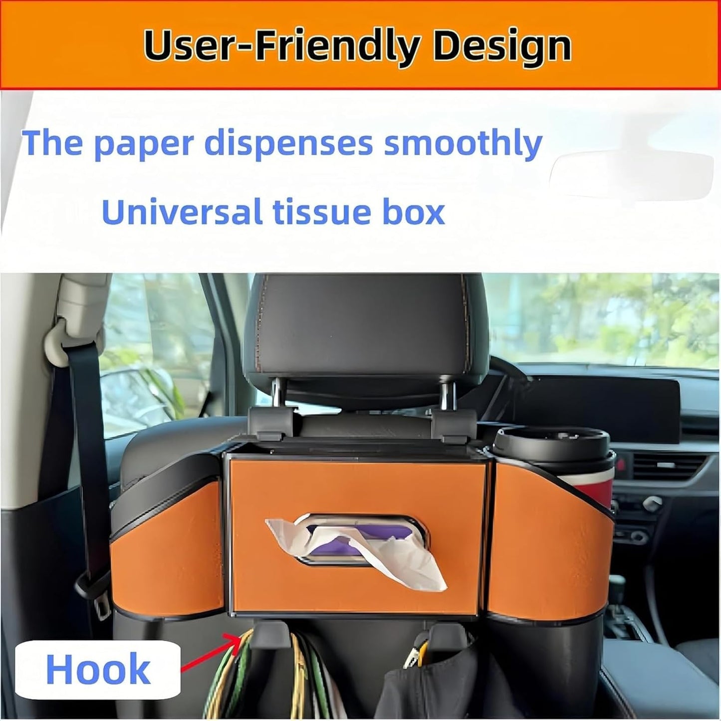 Car Back Seat Organizer, Car Tissue Holder, Cup Holder for Car - 2026 Upgrade 4-in-1 Leather Organizer & Storage Box for Phone, Snacks, Drinks, Handbag. Keep Your Ride Clean (Black)