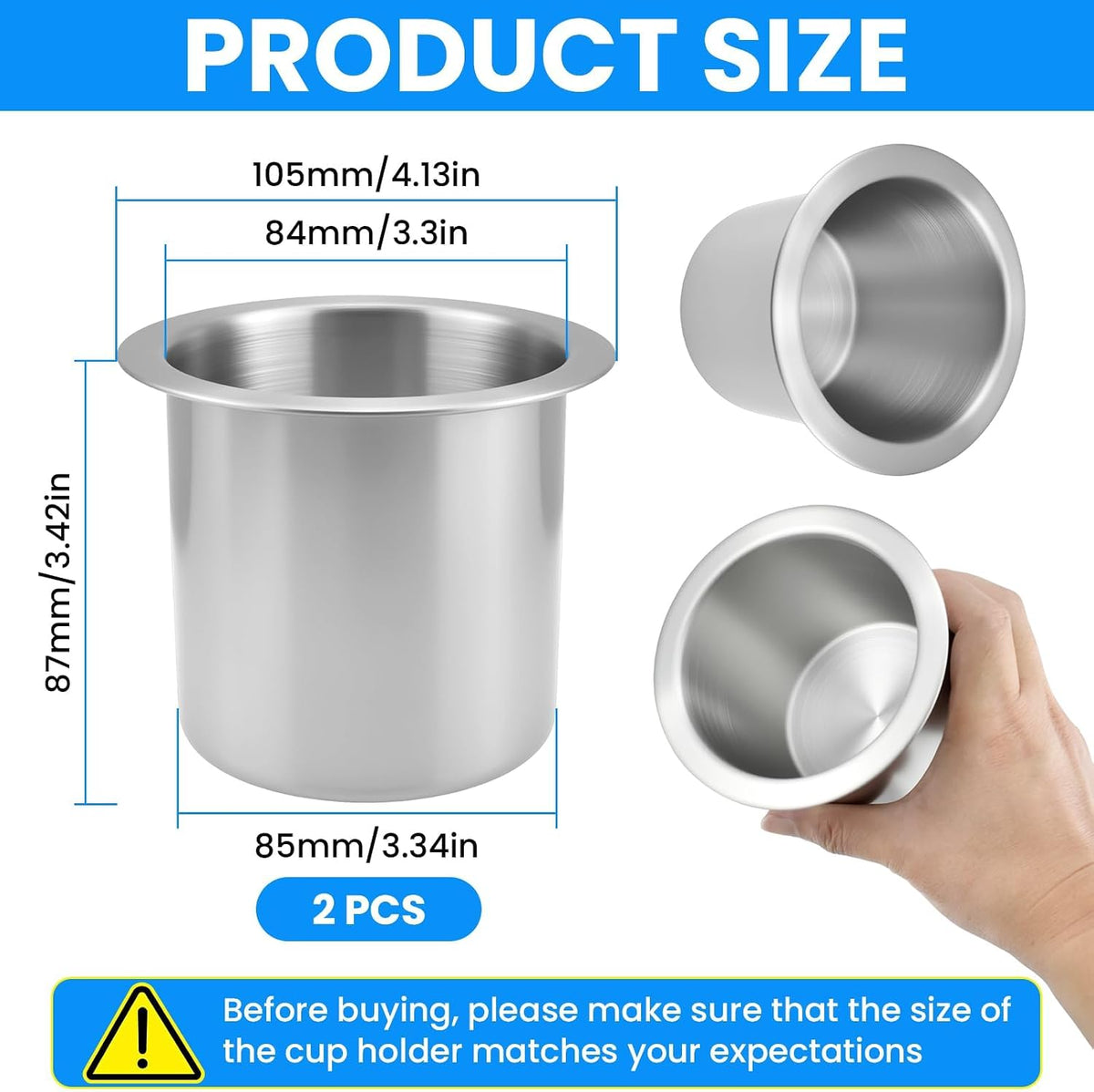 SDTC Tech 2Pcs 304 Stainless Steel Drop-in Cup Holder 3.3 Inch