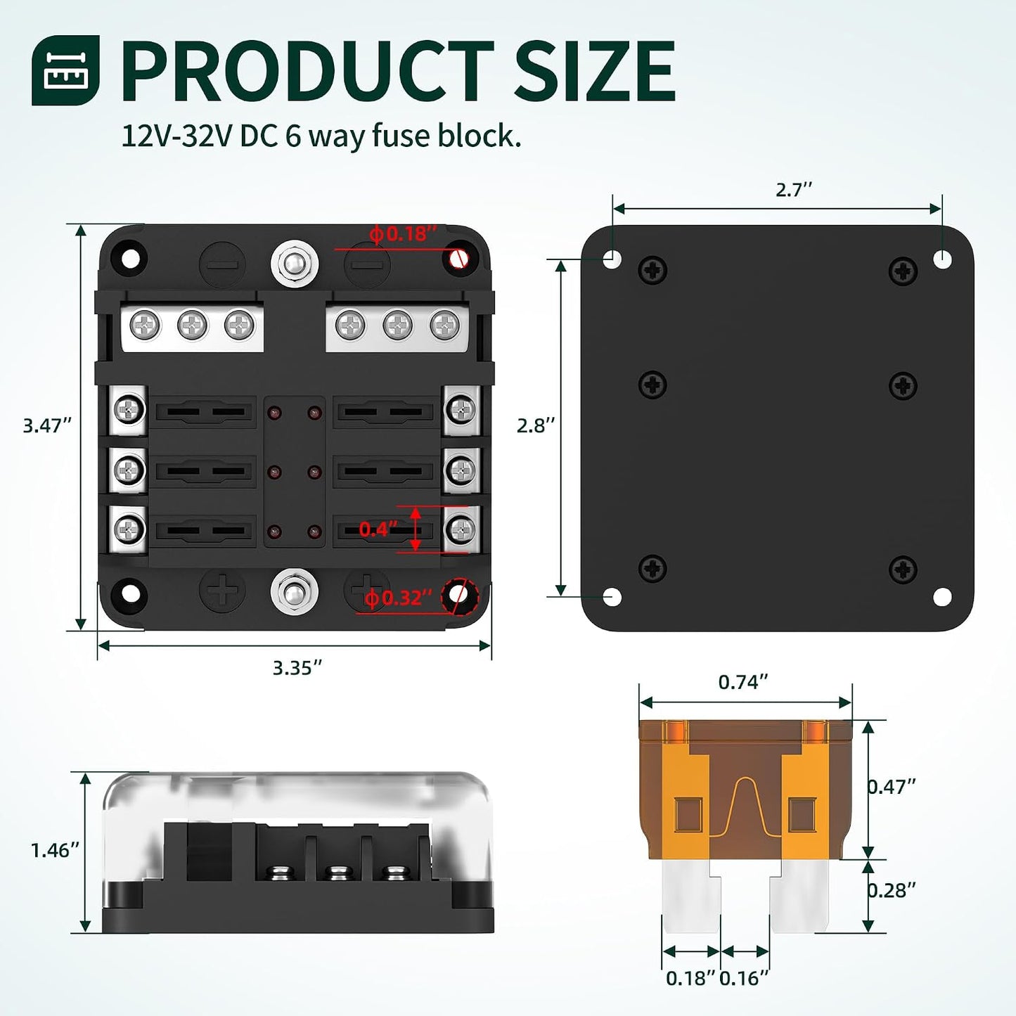 DaierTek 12V Fuse Block 6 Way 12 Volt Fuse Box ATO/ATC Marine Fuse Panel with LED Indicator Light Waterproof 24V for Automotive Boat Car Truck