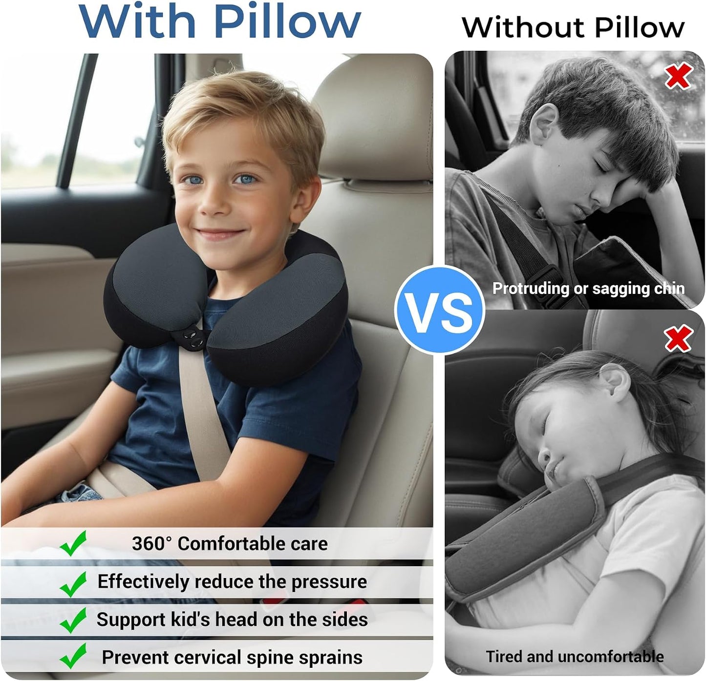 COOLBEBE Kids Travel Neck Pillow for Airplane & Car, Soft Breathable Fabric, Ergonomic Side Support for 3-12 Year Olds, Adjustable Snap Button, Travel Essential for Boys & Girls, Black & Grey