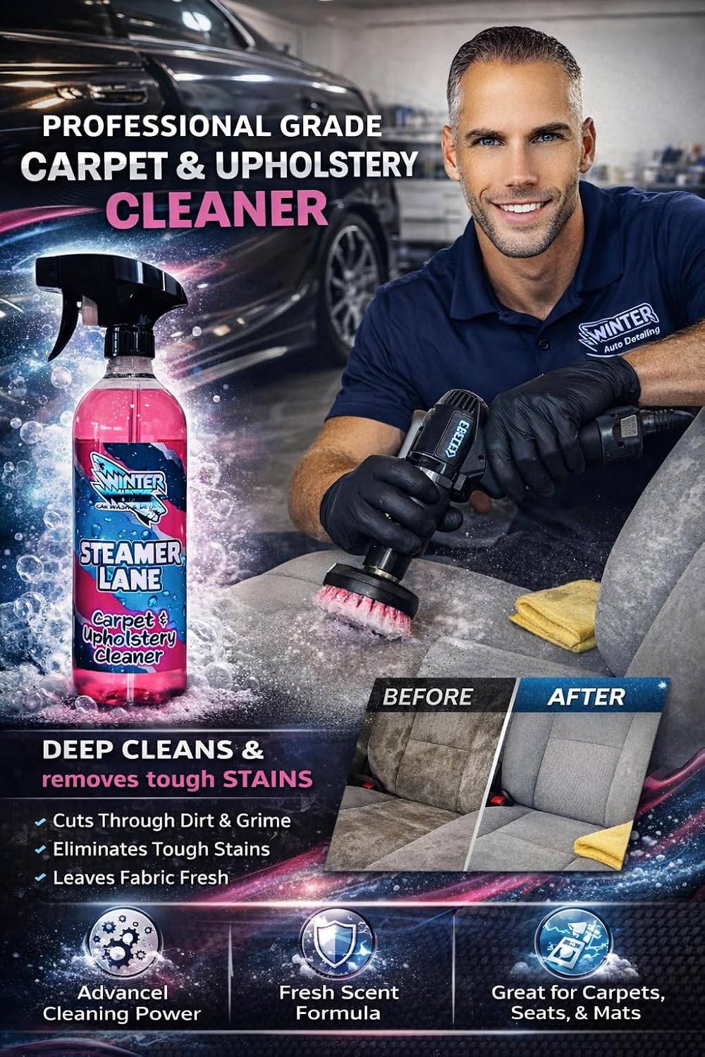 Winter White Steamer Lane Carpet & Upholstery Cleaner – Car Interior Fabric Cleaner for Seats, Carpet, Floor Mats & Upholstery – Auto Detailing Stain Remover Spray – Professional Interior Cleaner 16oz