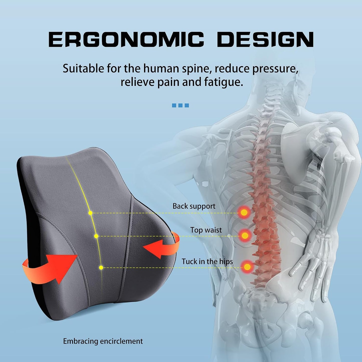 Car Seat Lumber Support Pillow&amp;Neck Pillow Kit,Ergonomic Memery Foam Neck Pillow and Back Cushion for Back Pain Relief,Comfort for Car,Office