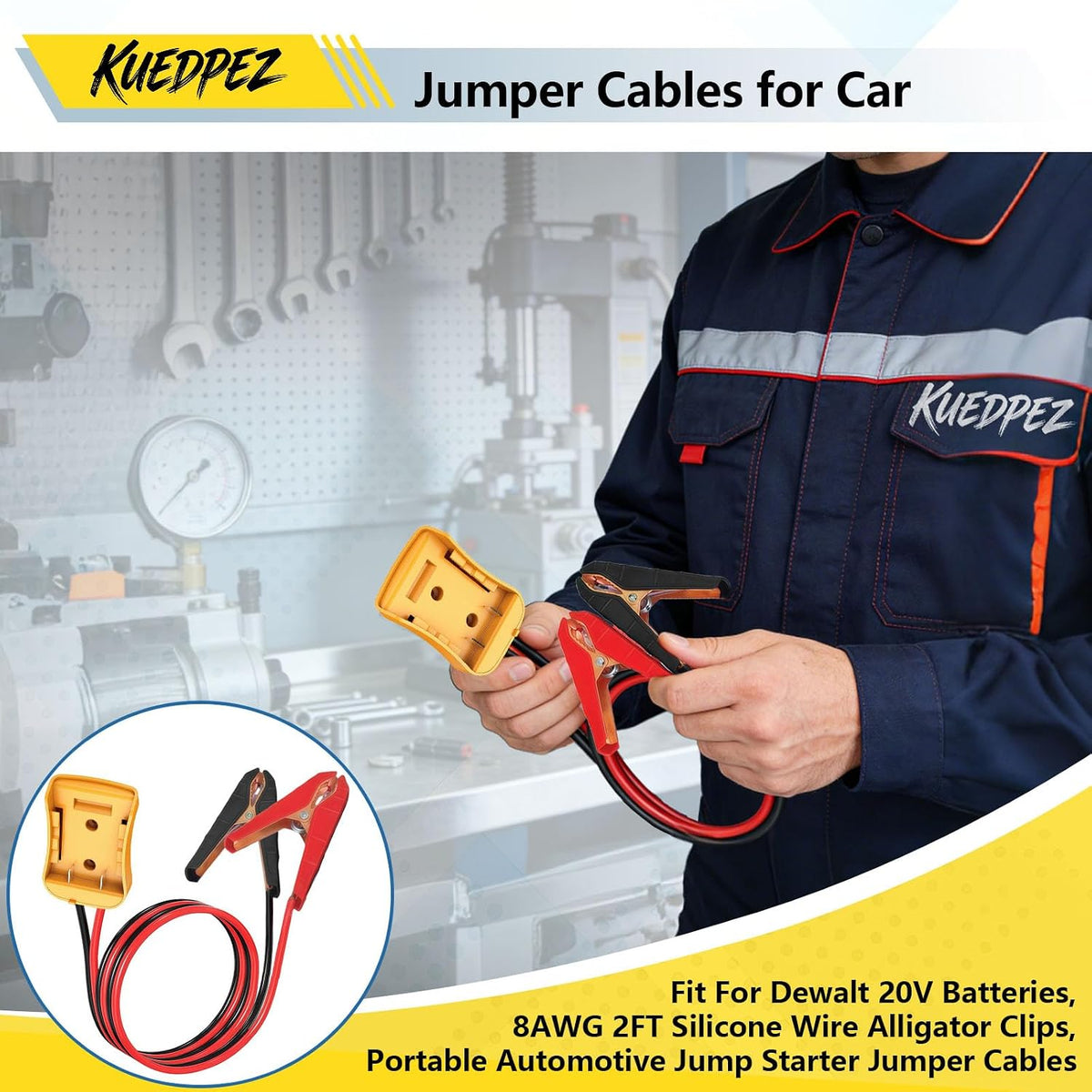 Jumper Cables with Adapter for Dewalt 20V Battery | 8AWG 2FT Jumper Starter