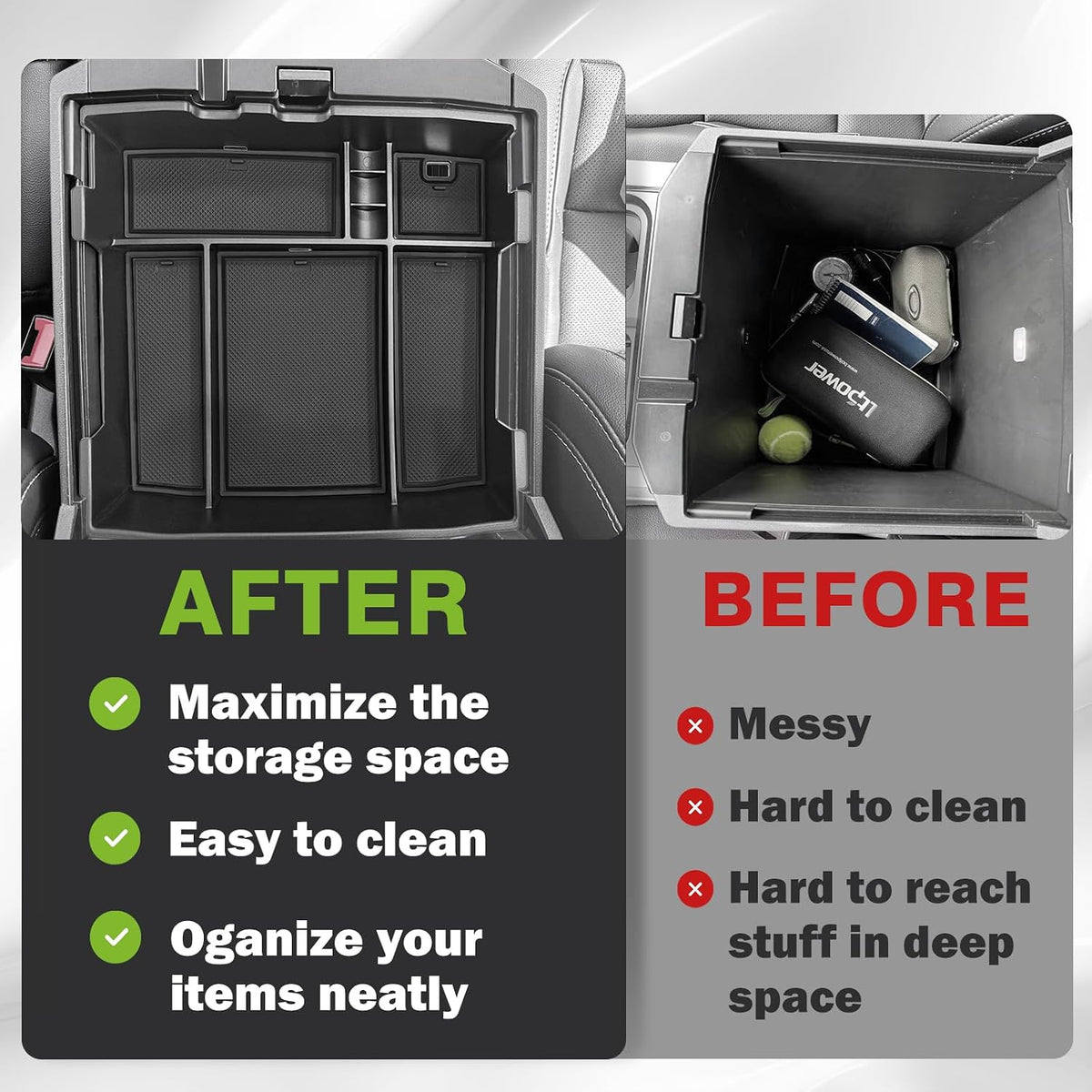 Muslogy Center Console Organizer Tray for 2023-2026 F250/F350/F450/F550 Super Duty Accessories Storage Box Divider, Fit for Ford OEM Tray, W/Black PVC Mats, Bucket Seats Only, Not for Work Surface