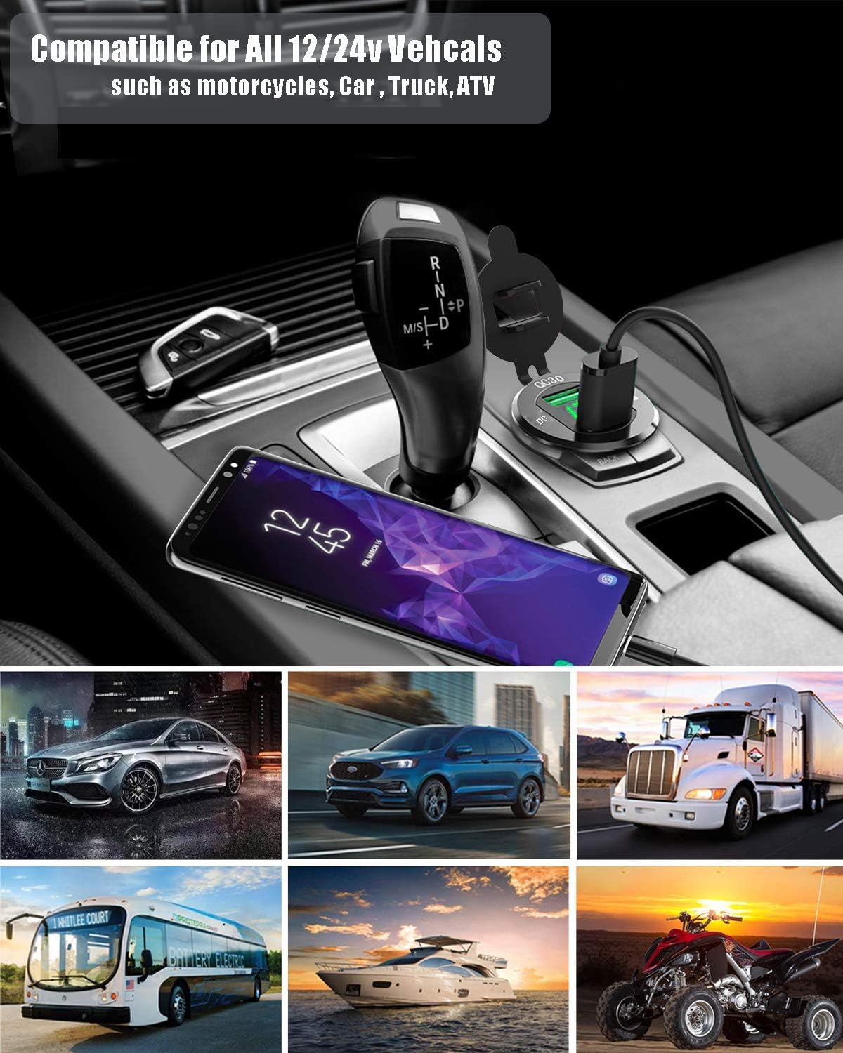 Quick Charge 3.0 Dual USB Car Charger Socket 12V/24V 36W QC3.0 Dual USB Fast Charger Aluminum Socket Power Outlet with LED Voltmeter for Marine, Boat, Motorcycle (Green)