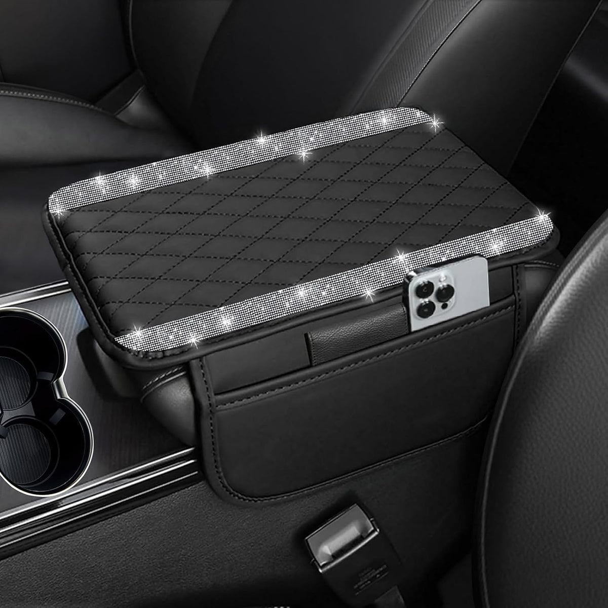 NBTEPEM Bling Car Center Console Cover, Leather Car Arm Rest Cover Cushion with 2 Storage Bags, Universal Auto Armrest Protector Storage Box, Bling Accessories Interior for Most Vehicles (Silver)