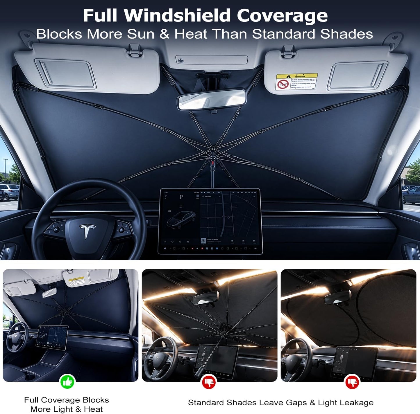 2026 Upgraded DooGooCoo Windshield Sun Shade Umbrella for Car, Reinforced Frame, UV Block Heat Shield, Keeps Interior Cooler, Foldable Front Windshield Cover, Medium 57" x 32"