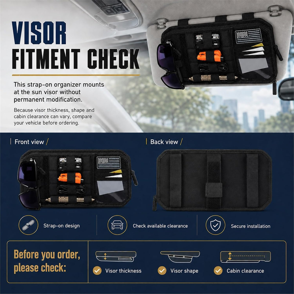 GOOGO Car Sun Visor Organizer, Black Nylon MOLLE Panel with Strap-On Pouch