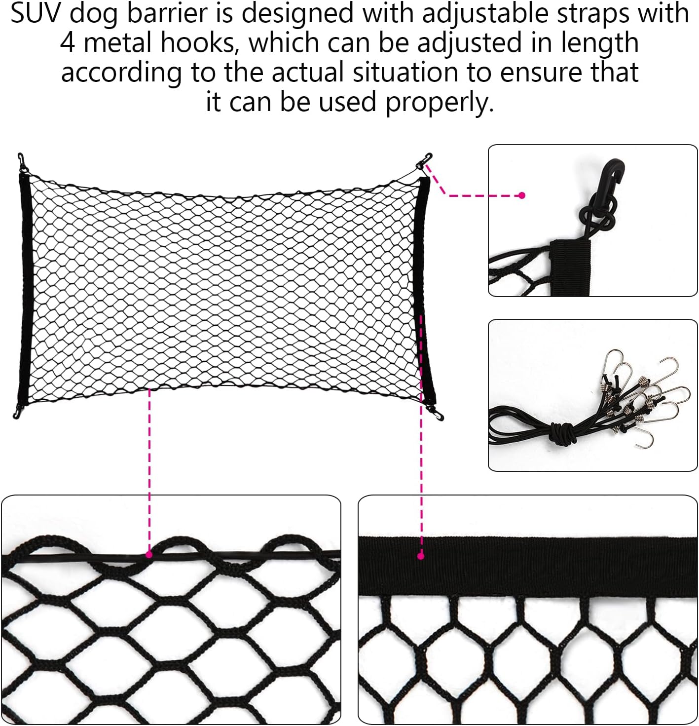 Dog Car Net Barrier for SUV - Pet Car Divider Back Seat Barrier Net, Easy to Install and Remove,with Flexible Bungee Cords Adjustable for Trucks, SUV, Vans, Universal Fit Sturdy Mesh (47 * 27 inches)
