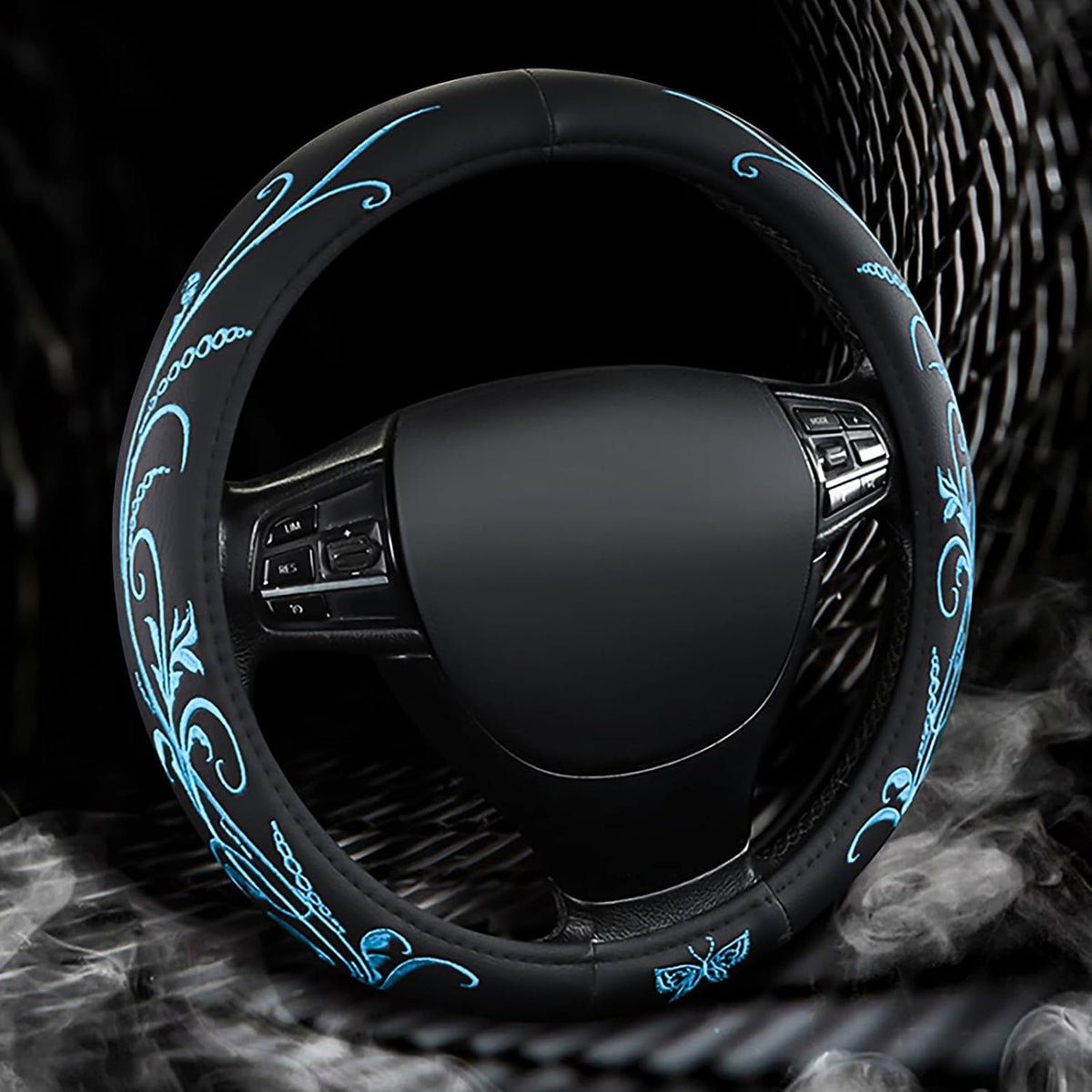 Car Leather Steering Wheel Cover - Panapi Material, Universal 14.5-15 Inch Leather Anti-Slip Breathable Auto Steering Wheel Covers for Men Women (Embroidery-Blue)