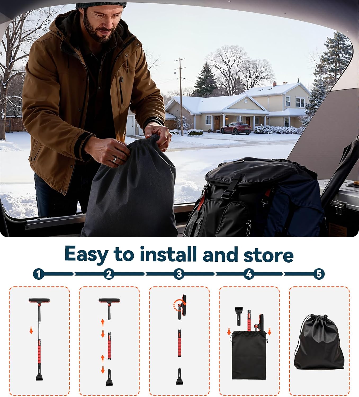 TrySpace All-Around High-Efficiency Cleaning 39 inch Extendable Snow Brush and Ice Scraper with Squeegee, Ice Scrapers for Car Windshield, Truck, SUV Snow Removal Tool, Winter Car Accessories