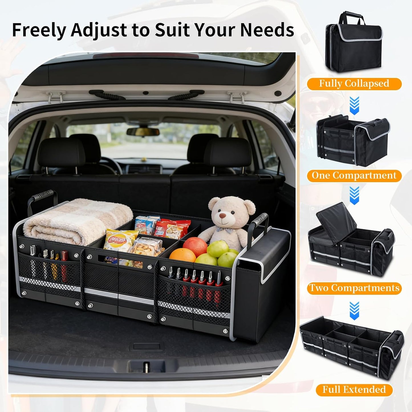 Car Trunk Organizer with Cooler Bag, Collapsible Multi-Compartment Storage Organizer for SUV Truck, Durable Car Cargo Organizer for Groceries Camping Travel