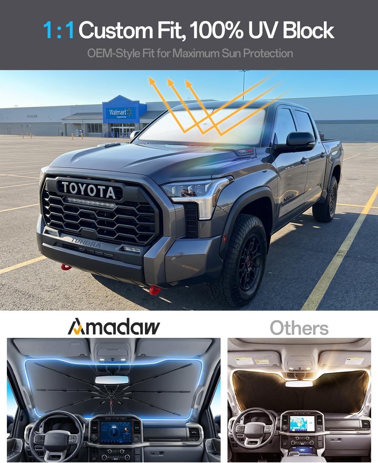 Windshield Sun Shade for Toyota Tundra 2000–2026, Foldable Umbrella Sunshade with 100% UV Block, Multi-Layer Heat Insulation, Reinforced 10-Rib Frame, Keeps Car Cooler, Summer Car Accessory