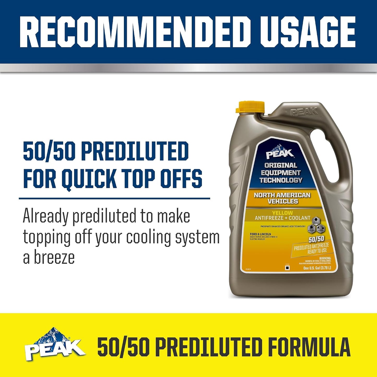 PEAK OET Extended Life Yellow 50/50 Prediluted Antifreeze/Coolant for North American Vehicles, 1 Gal.