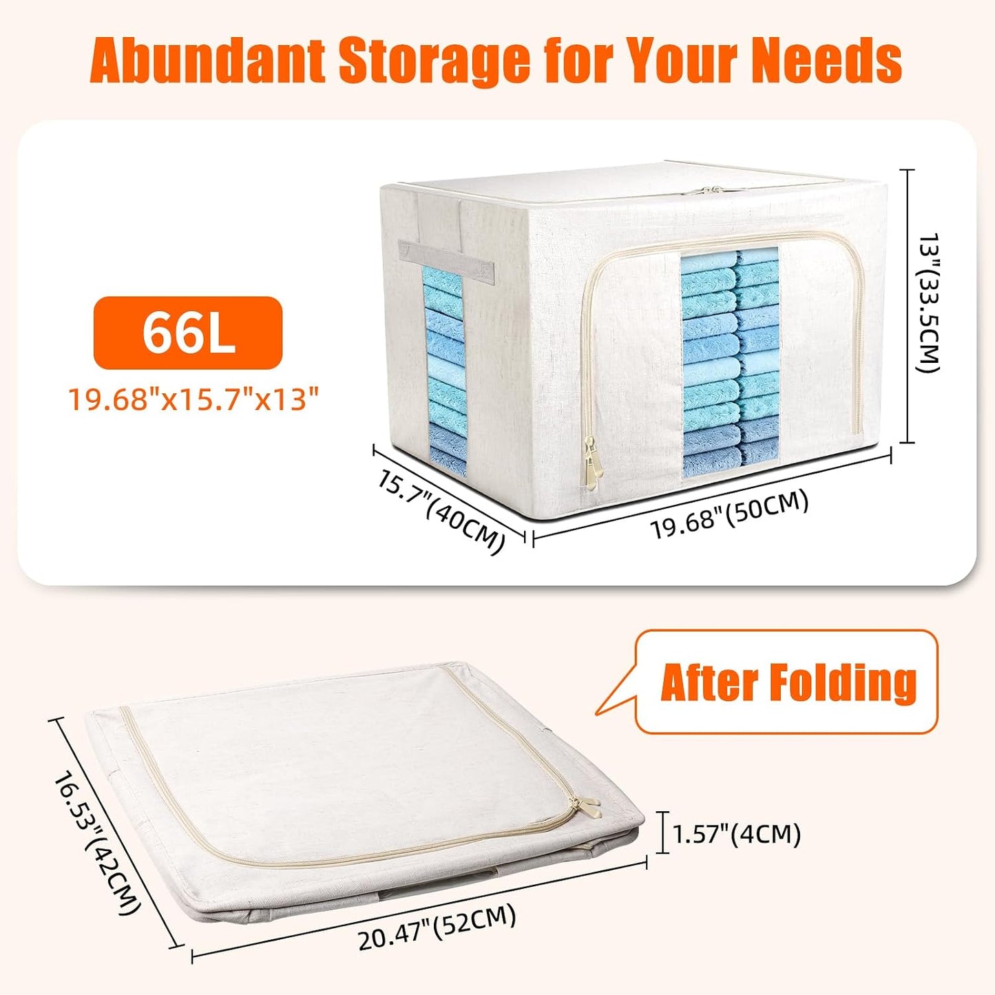 Foldable Clothes Storage Bins with Solid core powder-coated steel fram, 24/ 66L Storage Bags Fabric Box Organizer with Clear Window Zippers Sturdy Handles 2 Pack (Beige, 66L 1Pack)