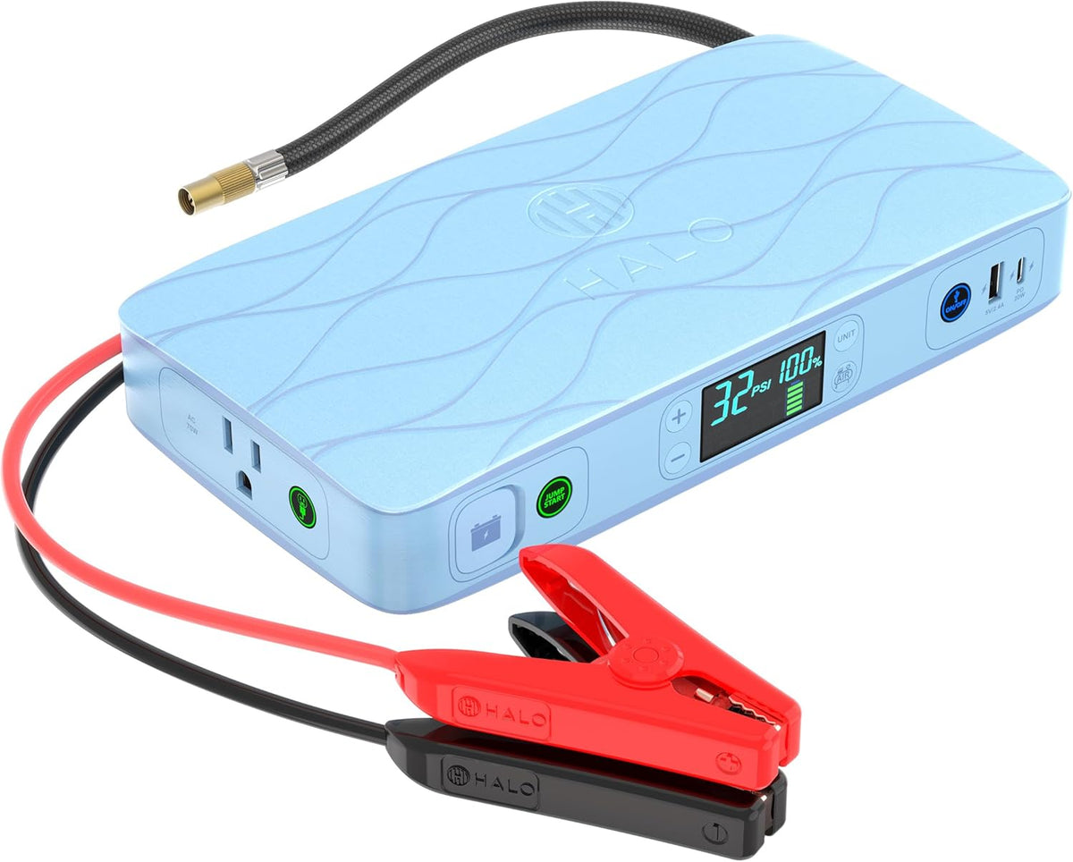 HALO Bolt Ultimate 2 Portable Car Battery Jump Starter | 130 PSI Air Compressor, 55.5Wh USB Power Bank with AC Outlet, Emergency Floodlight & Charger, Jumps Cars SUVs & Trucks, Inflates Tires — Navy
