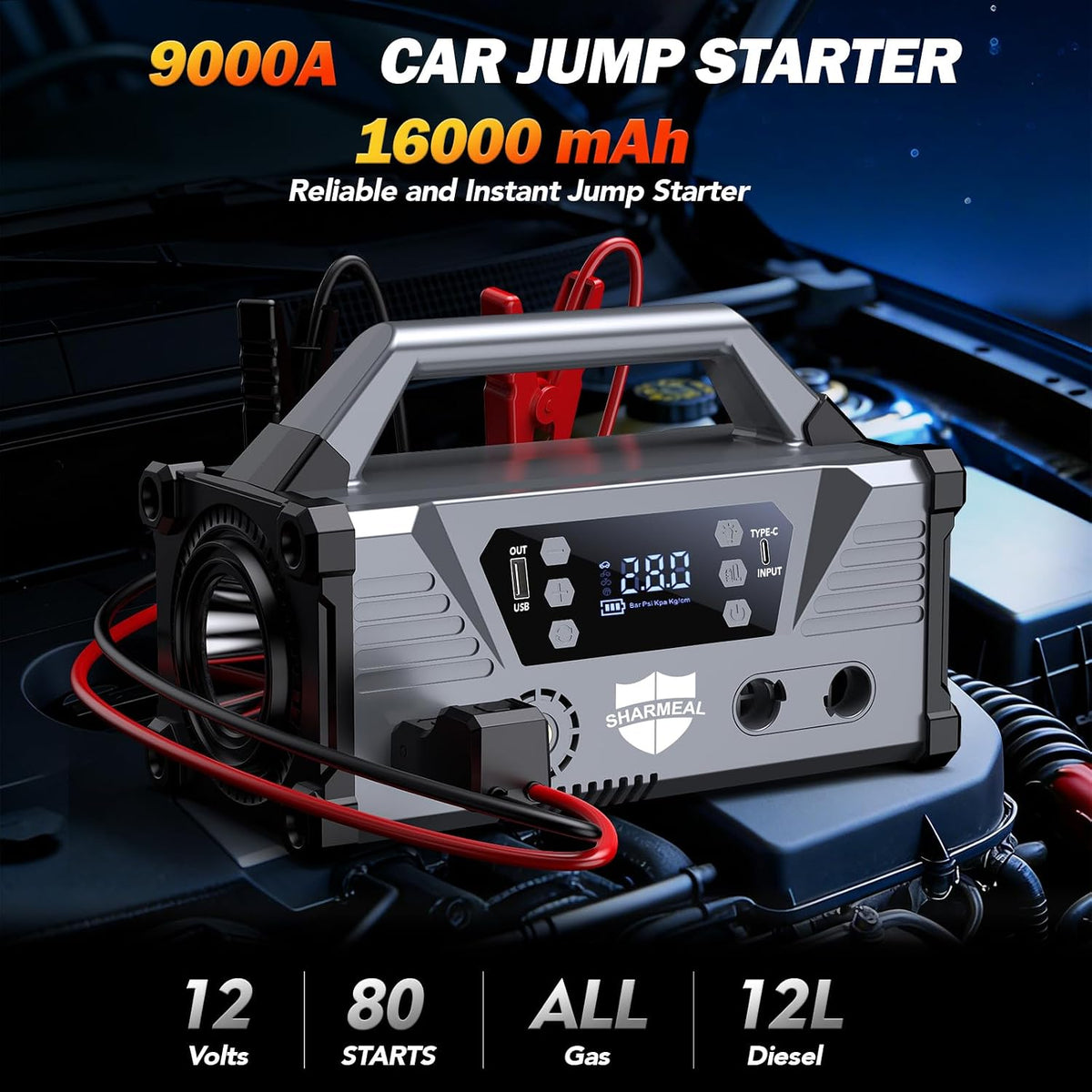 Sharmeal Jump Starter 9000A Car Jump Starter with Air Compressor, Car Battery Jump Starter (All Gas/12.0L Diesel), 200PSI Car Battery Jumper Starter Portable 12V Jump Box with Jumper Cables, LED Light